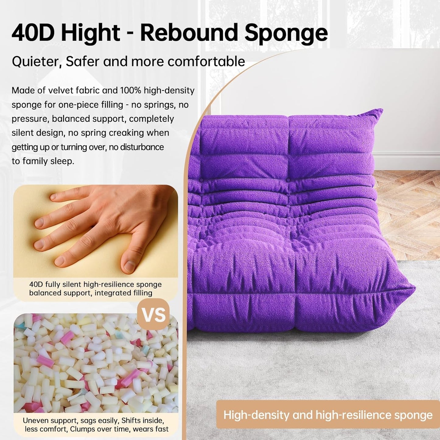 Bean Bag Chairs for Adults, Memory Foam Couch Loveseat Sofa Chair, Soft Teddy Material Cozy Comfy Reading Nook Chairs, Floor Chair for Living Room Bedroom Office(Purple)