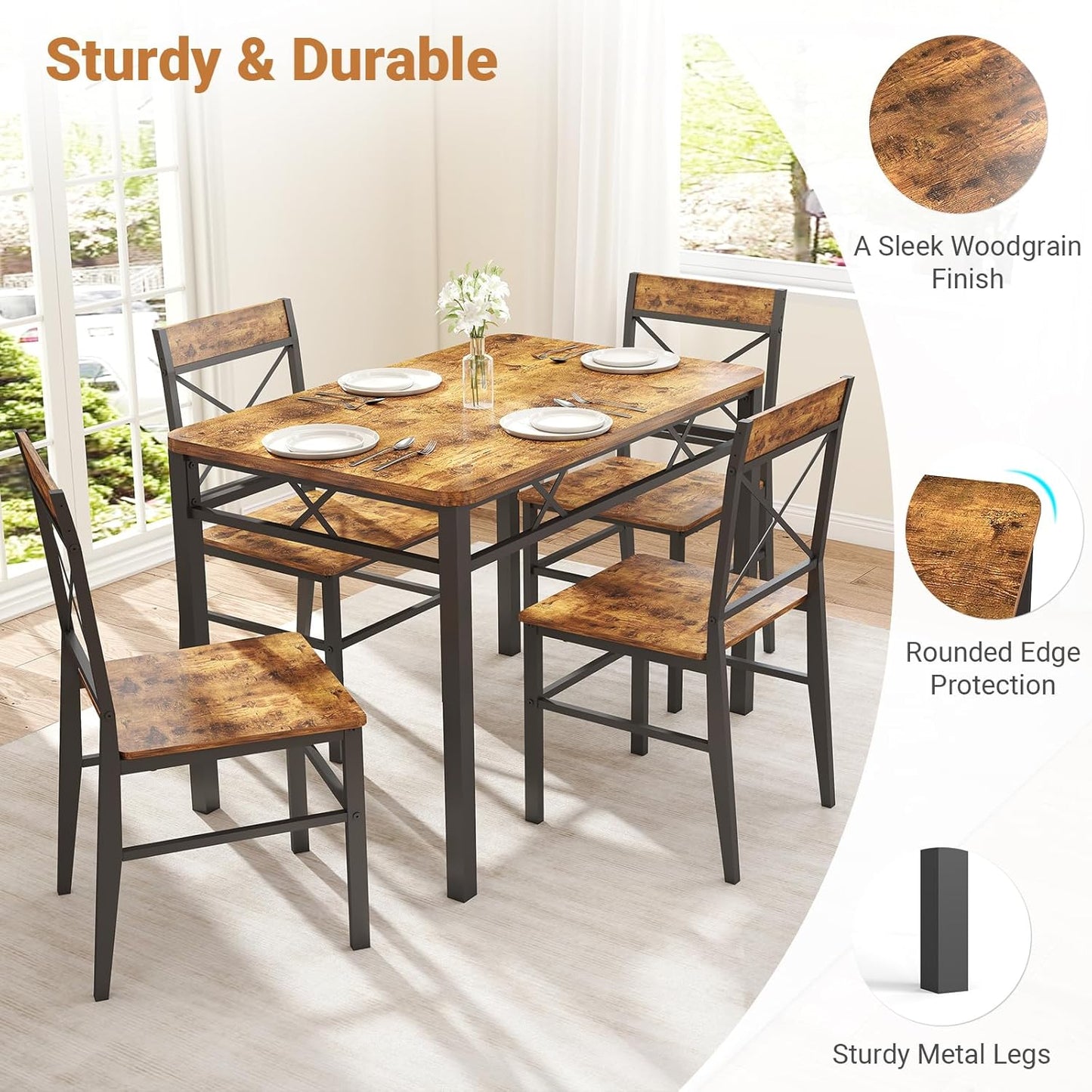 5-Piece Dining Table Set, Dining Table Set for 4, Small Kitchen Table Set for 4, Wood Dining Room Table, with 4 Curved Backrest Chairs, Compact Dining Set for Small Spaces & Kitchen-Brown