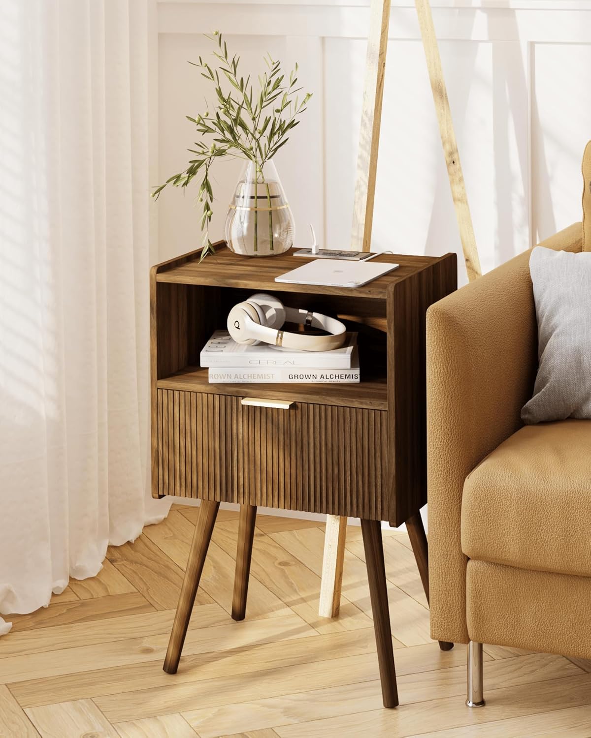 Nightstand with Outlet,Modern Bedside Table with Storage Drawer and Open Wood Shelf, for Living Room, Bedroom and Small Spaces, Accent Night Stand with Solid Wood Legs, Easy Assembly,Brown