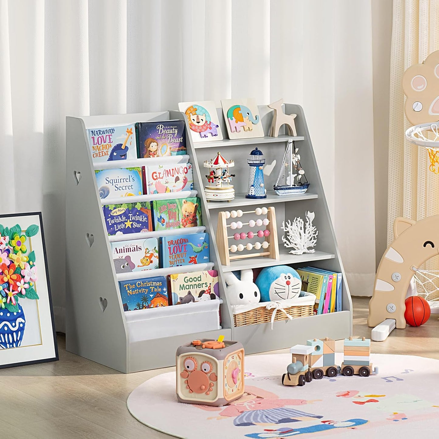 Lerliuo 4 Tier Kids Bookshelf and Storage Organizer, Five Layer Sling Children Bookcase, Baby Toddler Wooden Book Shelf, Display Cabinet for Playroom, Bedroom, Classroom, Nursery, School (Grey)