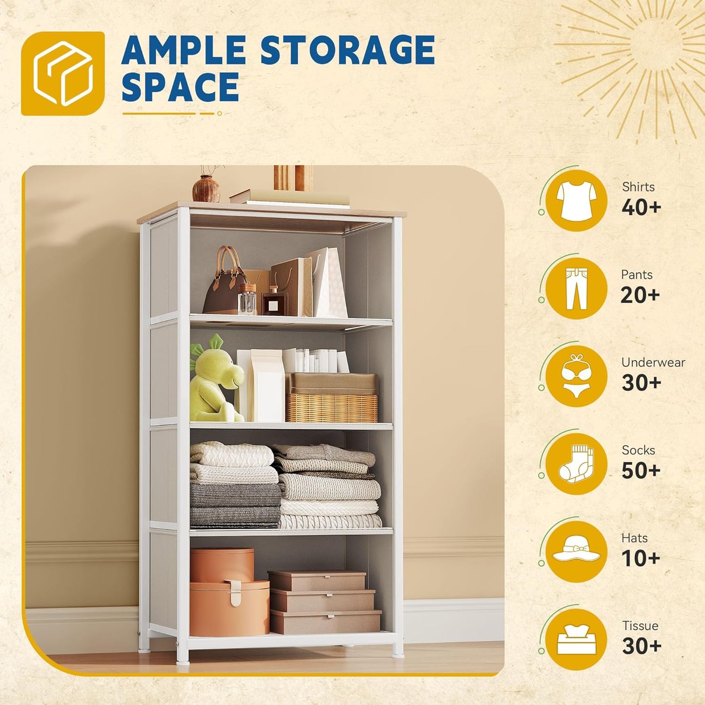 DWVO Storage Tower with 4 Drawers - Fabric Dresser, Organizer Unit for Bedroom, Living Room, Closets - Sturdy Steel Frame, Easy Pull Fabric Bins & Wooden Top (Cream White)