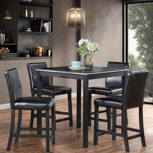 5PCS Wooden Counter Height Table Set, Square Table and 4 Upholstered Chairs, Dining Table with Crystal Decoration, for Kitchen, Dining Room,Black