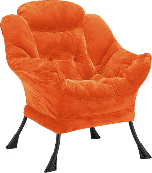 Fabric Lazy Chair for Adults, Oversized Upholstered Sofa Chair, Plush Comfy Lounge Chair with Large Side Storage Pocket, Thick Padded Reading Chair for Living Room, Bedroom, Office, Orange