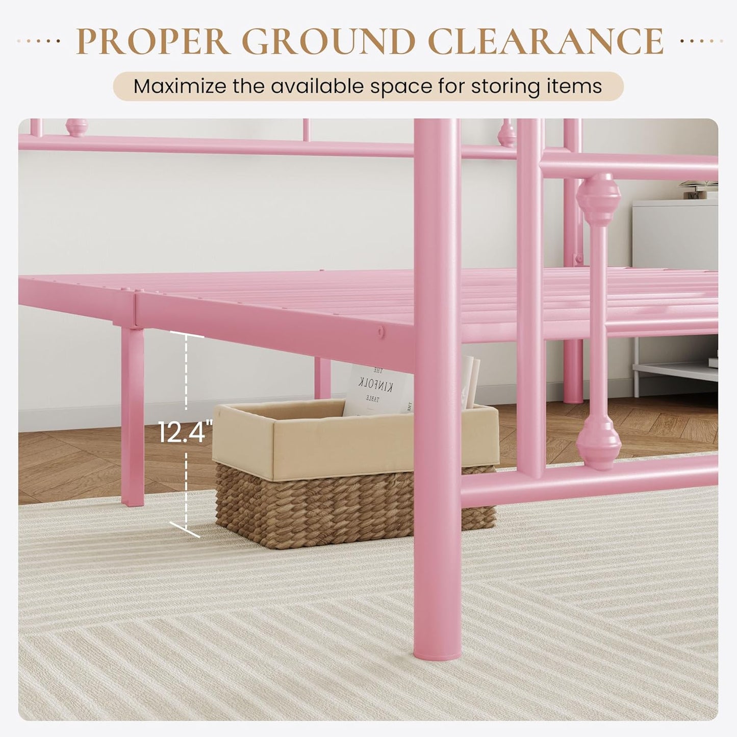 SHA CERLIN 14 Inches King Size Metal Platform Bed Frame/Vintage Iron-Art Headboard and Footboard/Mattress Foundation for Storage/No Box Spring Needed/Noise-Free/Easy Assembly/Pink