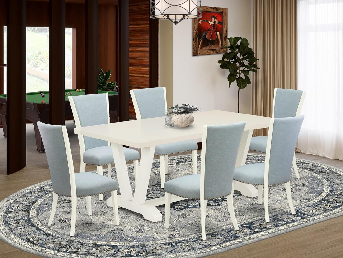 East West Furniture V027VE215-7 7 Piece Dining Table Set Consist of a Rectangle Dining Room Table with V-Legs and 6 Baby Blue Linen Fabric Upholstered Chairs, 40x72 Inch, Multi-Color