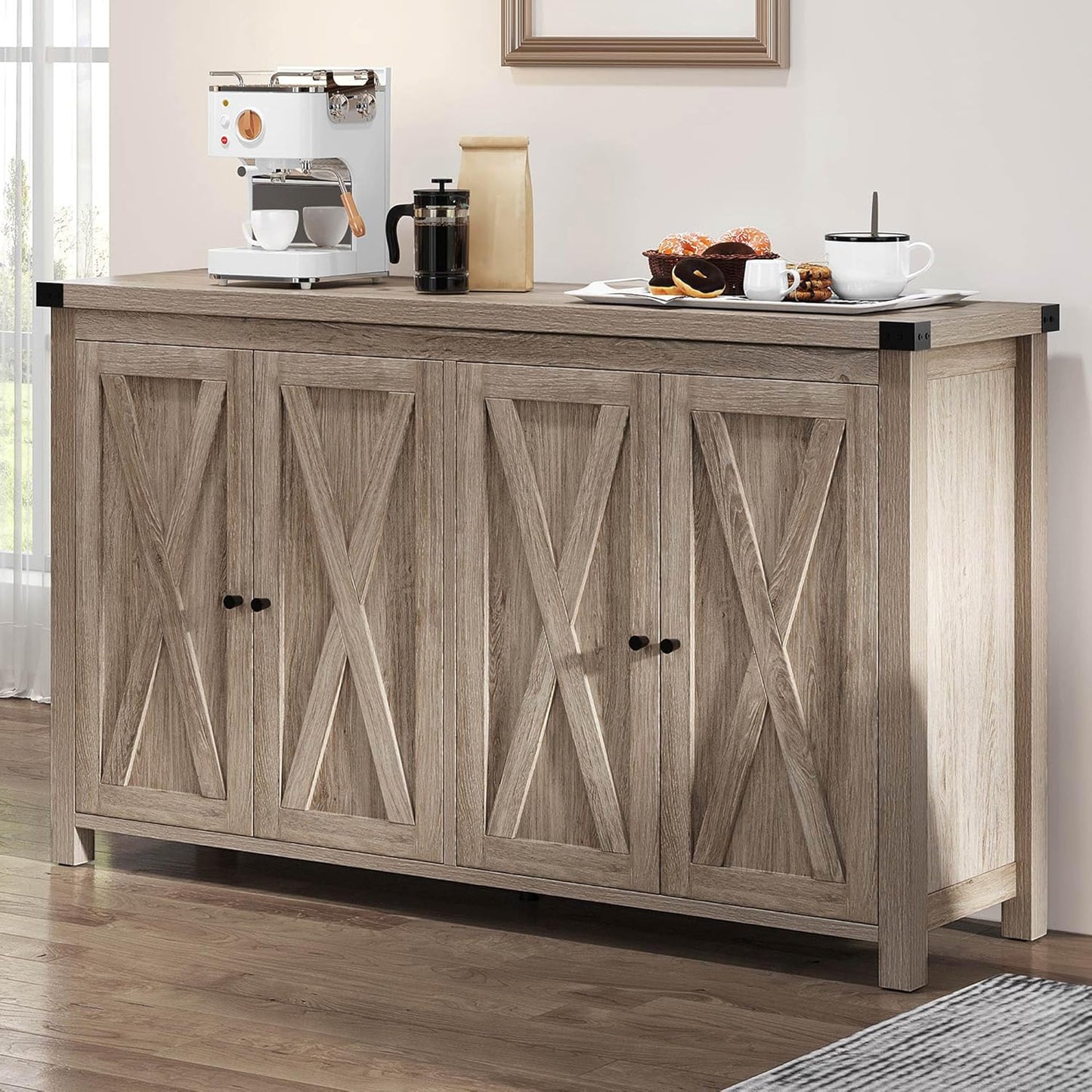 YITAHOME Buffet Cabinet with Storage, 55'' Modern Farmhouse Coffee Bar Cabinet w/4 Doors ＆Adjustable Shelf, Wood Large Kitchen Storage Cabinet with Barn Doors for Kitchen, Living Room, Grey-Brown