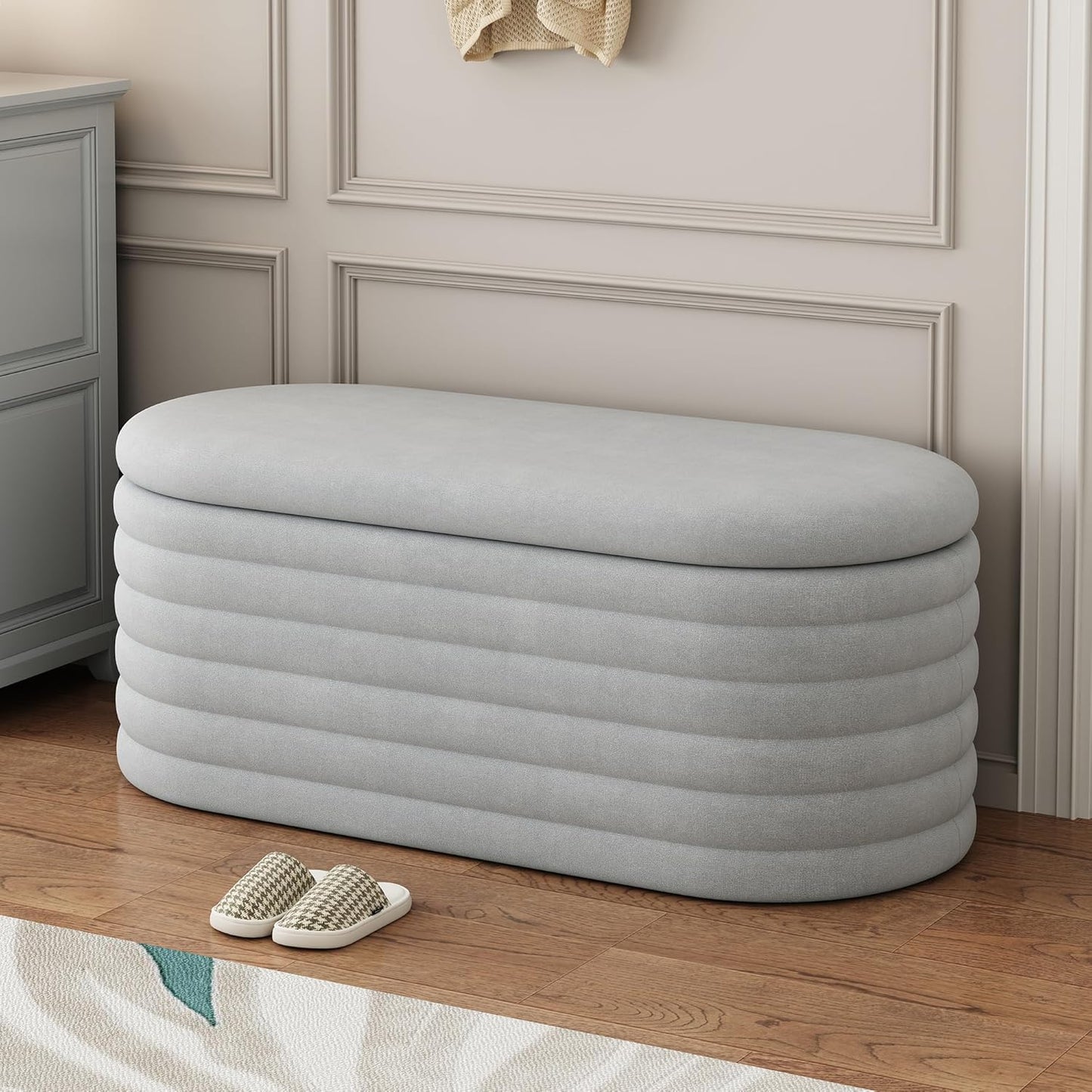 Storage Ottoman Bench 40 inch Upholstered Chenille Fabric Storage Bench for Bedroom End of Bed Stool Aesthetic Large Storag Ottoman for Living Room Entryway,Light Grey