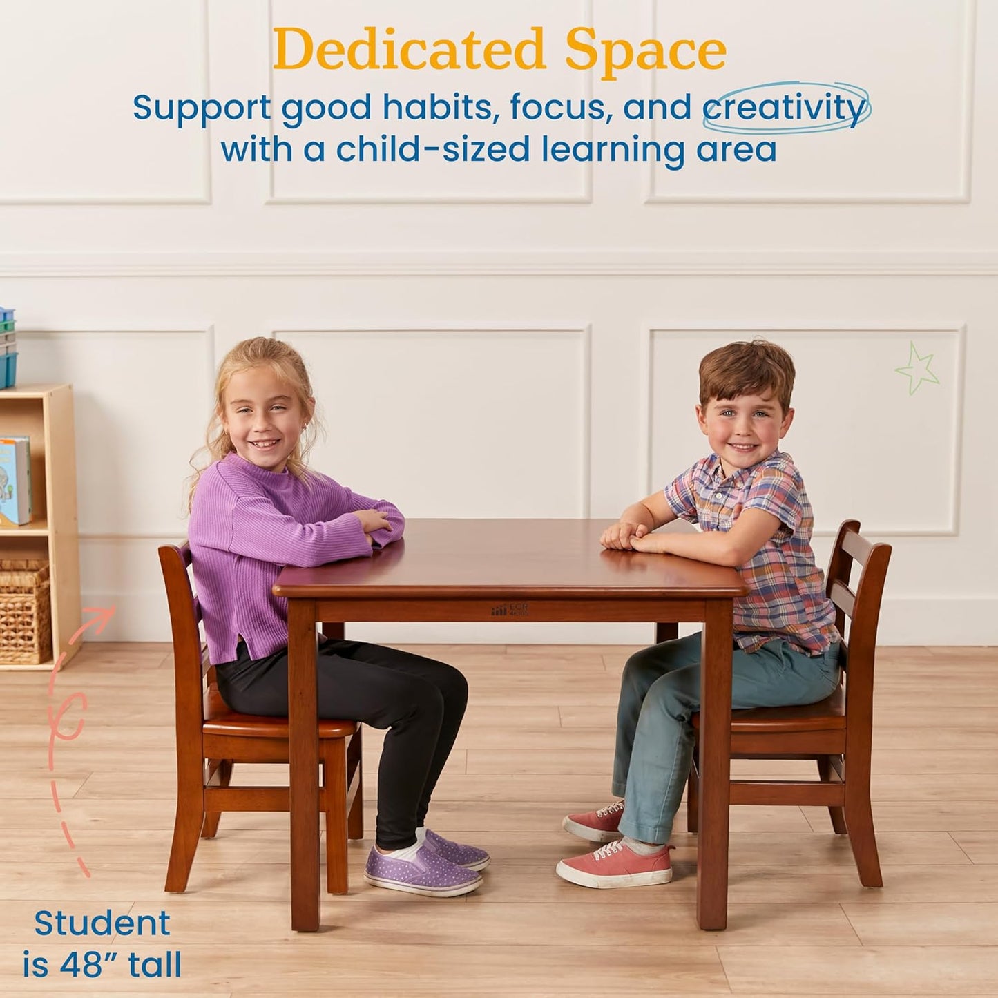 ECR4Kids 30in x 30in Square Hardwood Table and Chair Set, 12in Seat Height, Kids Furniture, Dark Walnut