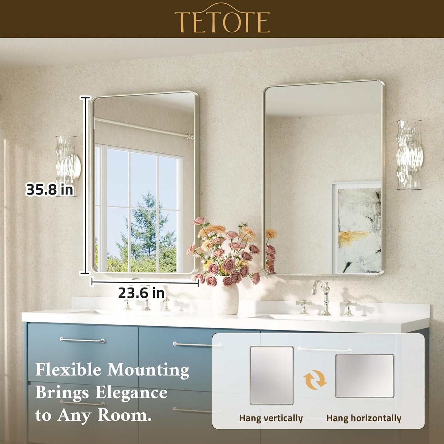 TETOTE Brushed Nickel Mirror for Bathroom 24 x 36 Metal Framed Vanity Mirror, Tempered Glass, Modern Farmhouse Wall Mounted Mirrors for Decorative(Horizontal/Vertical)