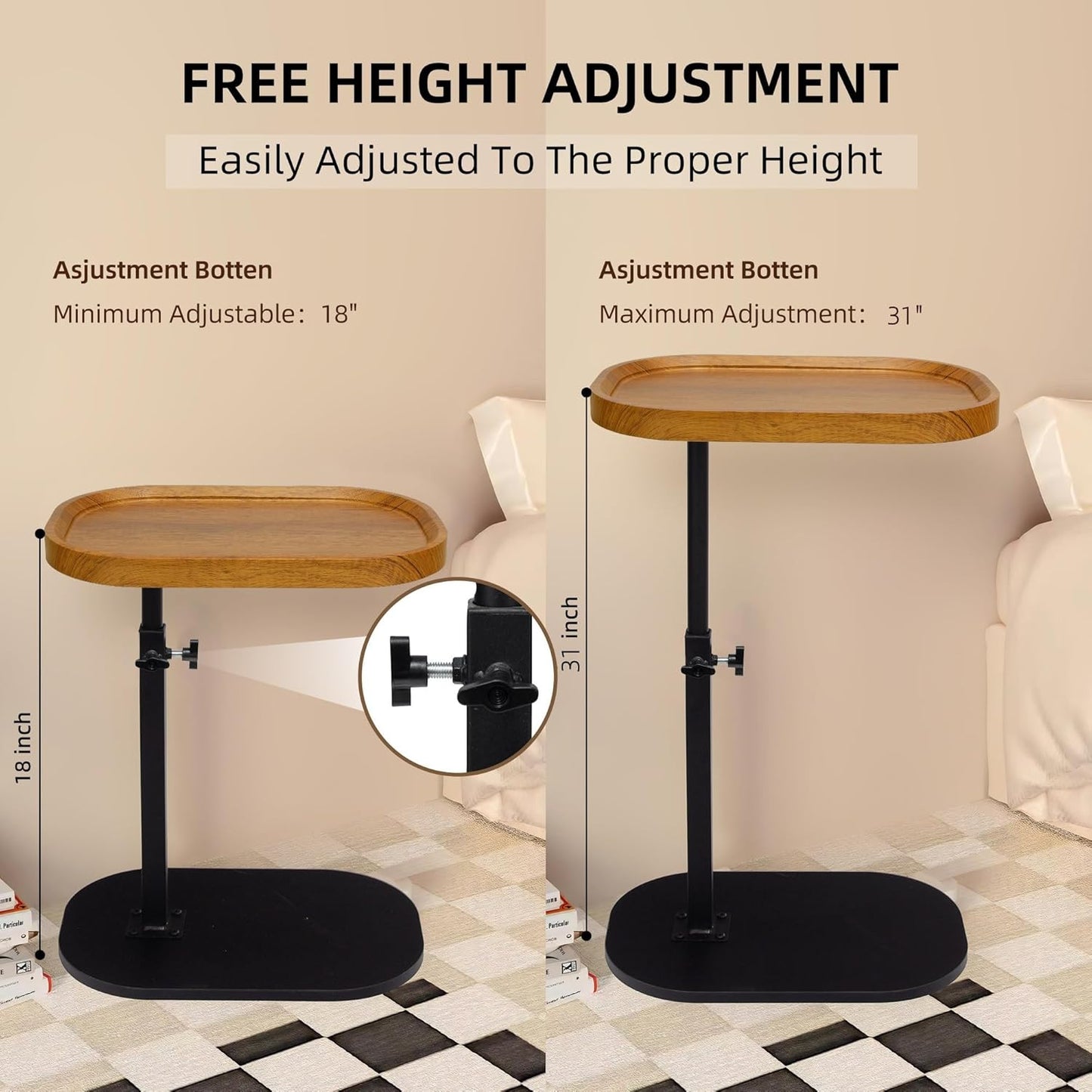 Aoligrace End Table Adjustable Height, 360°Swivel TV Tray C Table for Couch Sofa Bed, Wood Side Table for Living Room Bedroom Small Spaces
