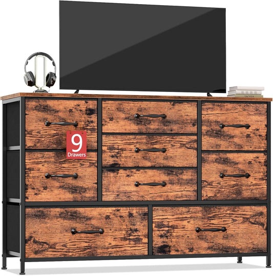 Furnulem Dresser for Bedroom with 9 Fabric Drawers for 55'' Long TV Stand Entertainment Center & Chest of Drawer, Wide Dresser Storage for Living Room, Dorm, Entryway, Sturdy Metal Frame, Rustic Brown