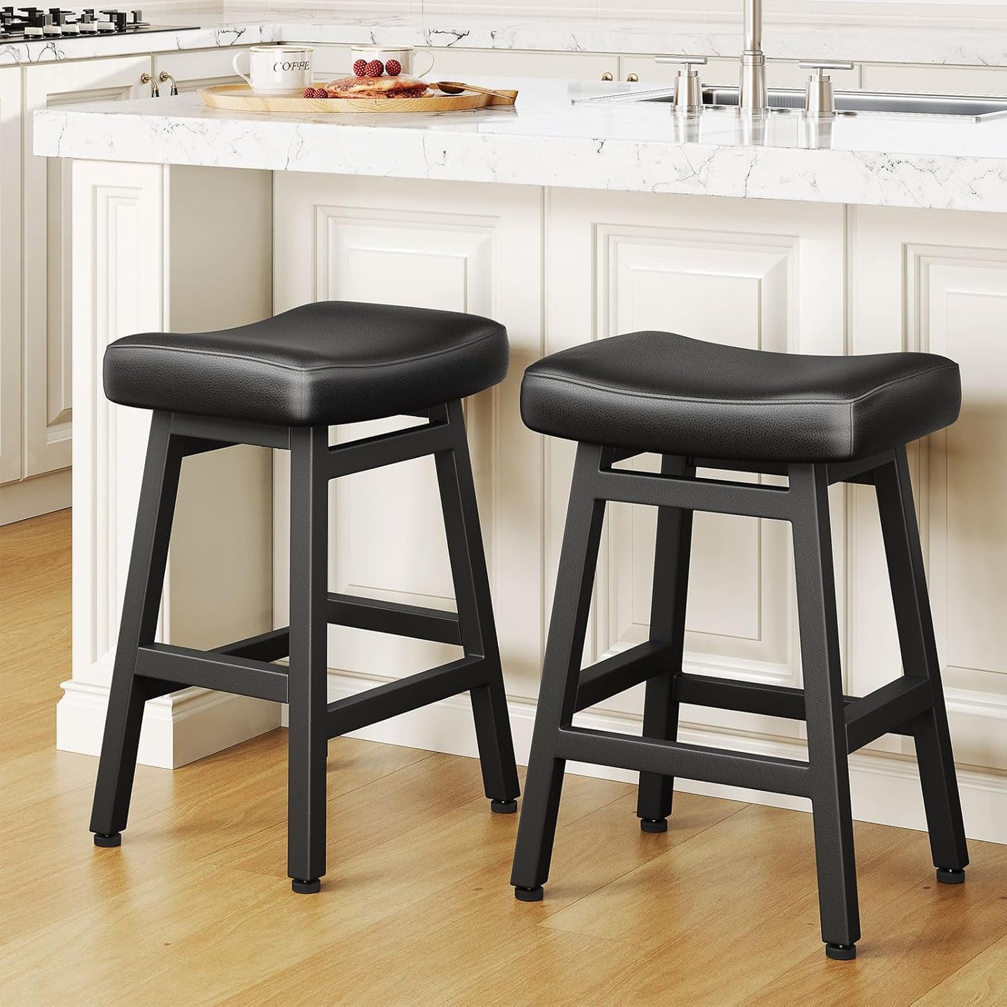 Counter Height Bar Stools Set of 2, 24 Inch Barstools for Kitchen Counter, Kitchen Stools with Bonded Leather Saddle Seats & Heavy Duty Metal Legs, Easy Assembly, All Black