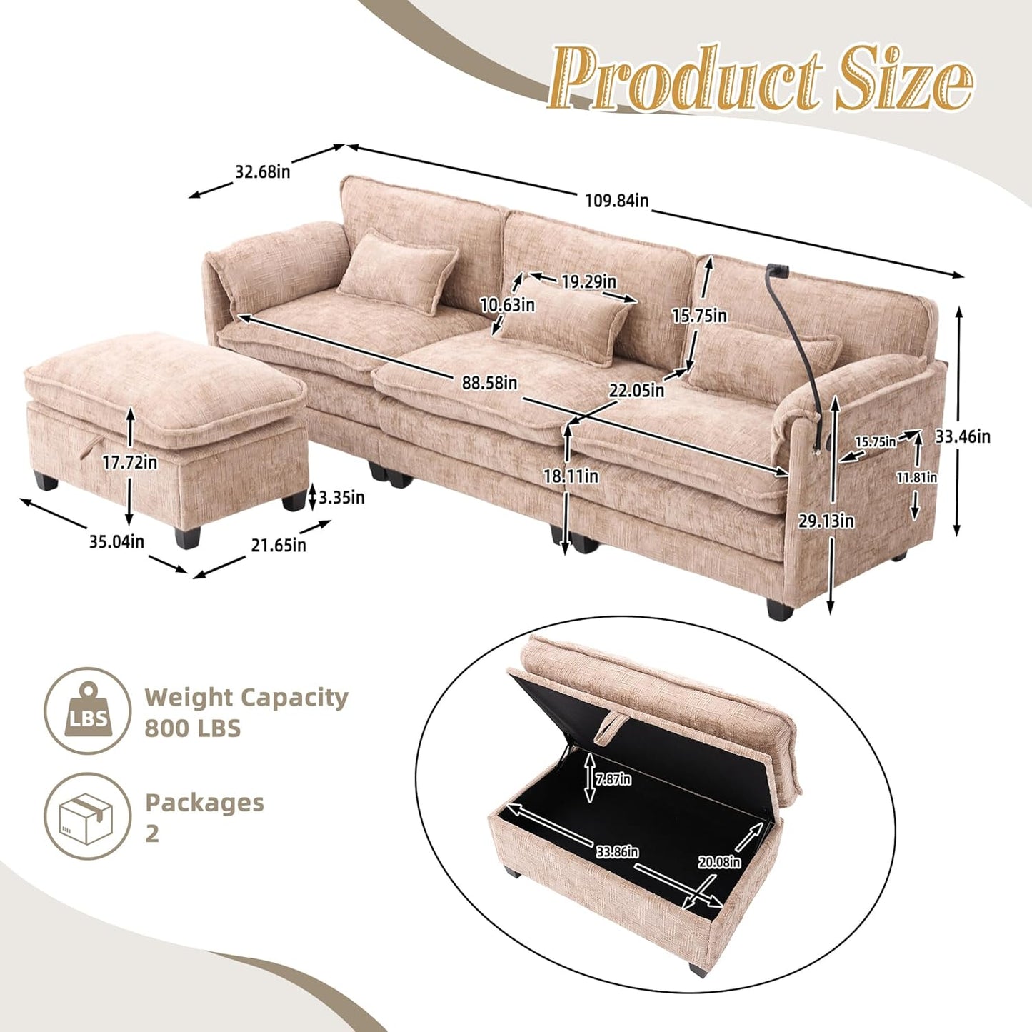 Ball & Cast Modular Sectional Sofa,L Shaped Couch with Movable Storage Ottoman,Chenille Upholstered Sofa W/USB Charging Port,Phone Holder and Side Pocket,for Living Room,Apartment,Khaki,109"