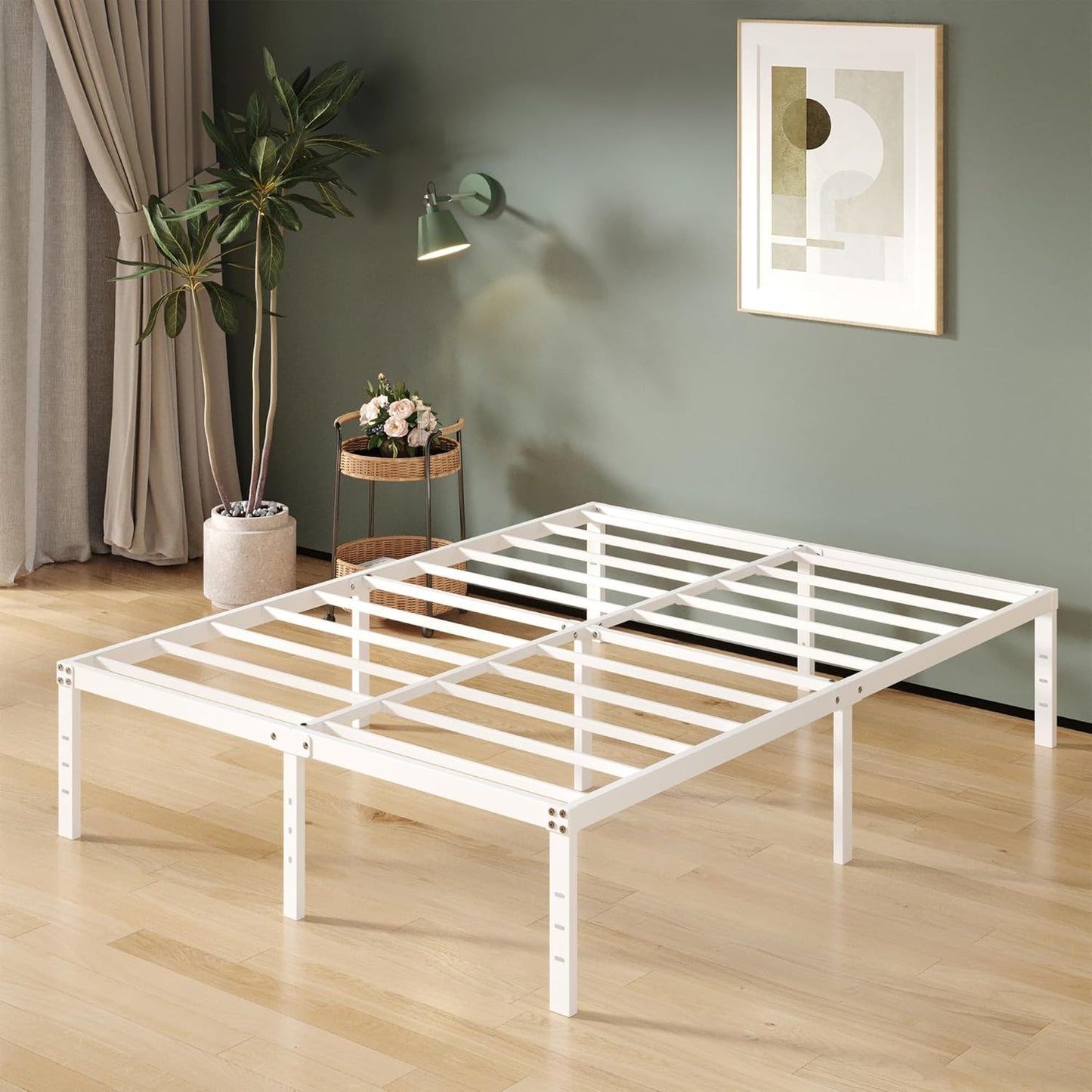 16 Inch White Queen Bed Frame No Box Spring Required, Metal Platform Queen Size Bed Frames with High Storage, Eassy Assembly 3,500 lbs Heavy Duty Bedframes
