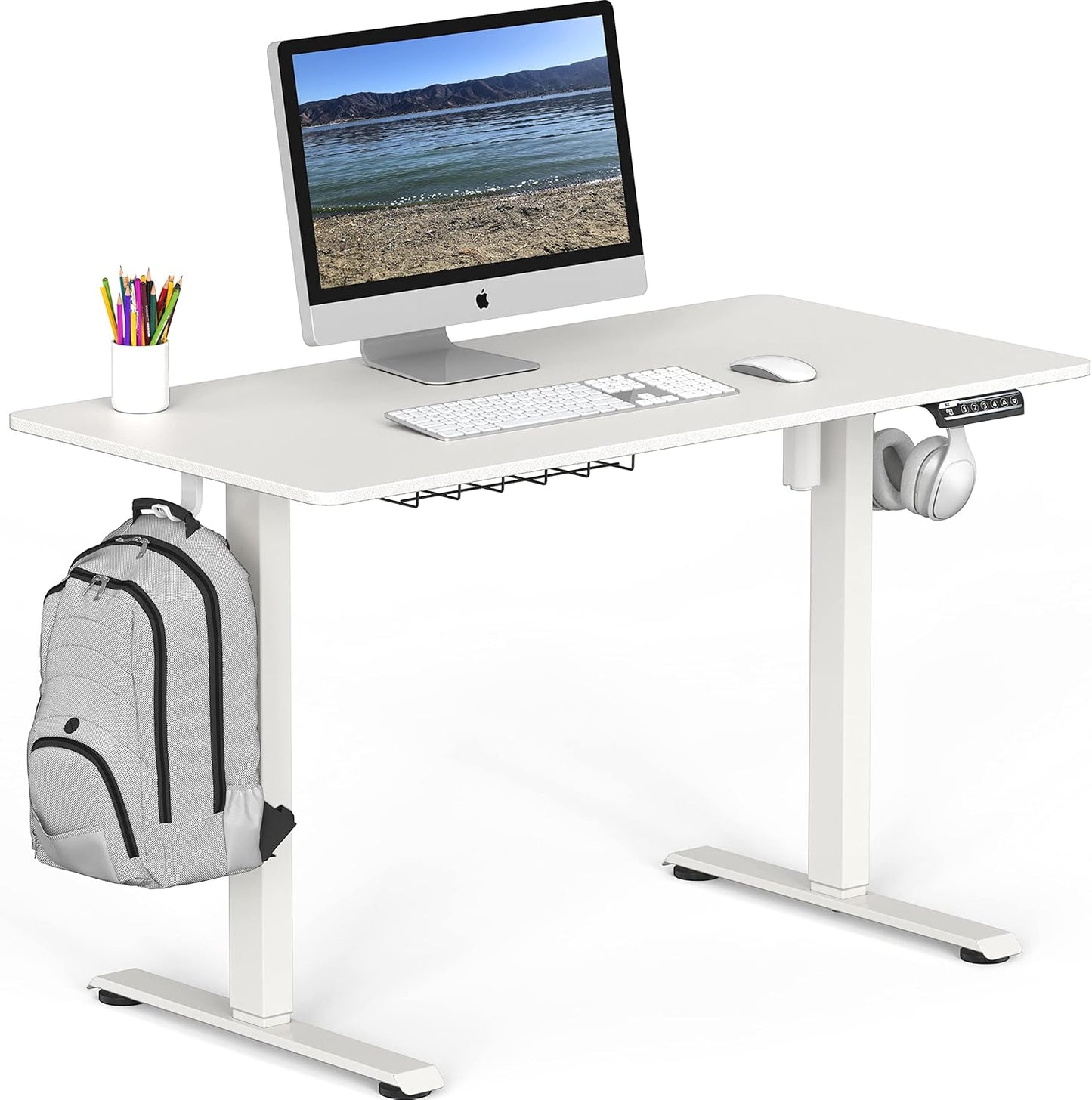 SHW 48-Inch Electric Height Adjustable Sit to Stand Desk with Hanging Hooks and Cable Management, White Frame and White Top
