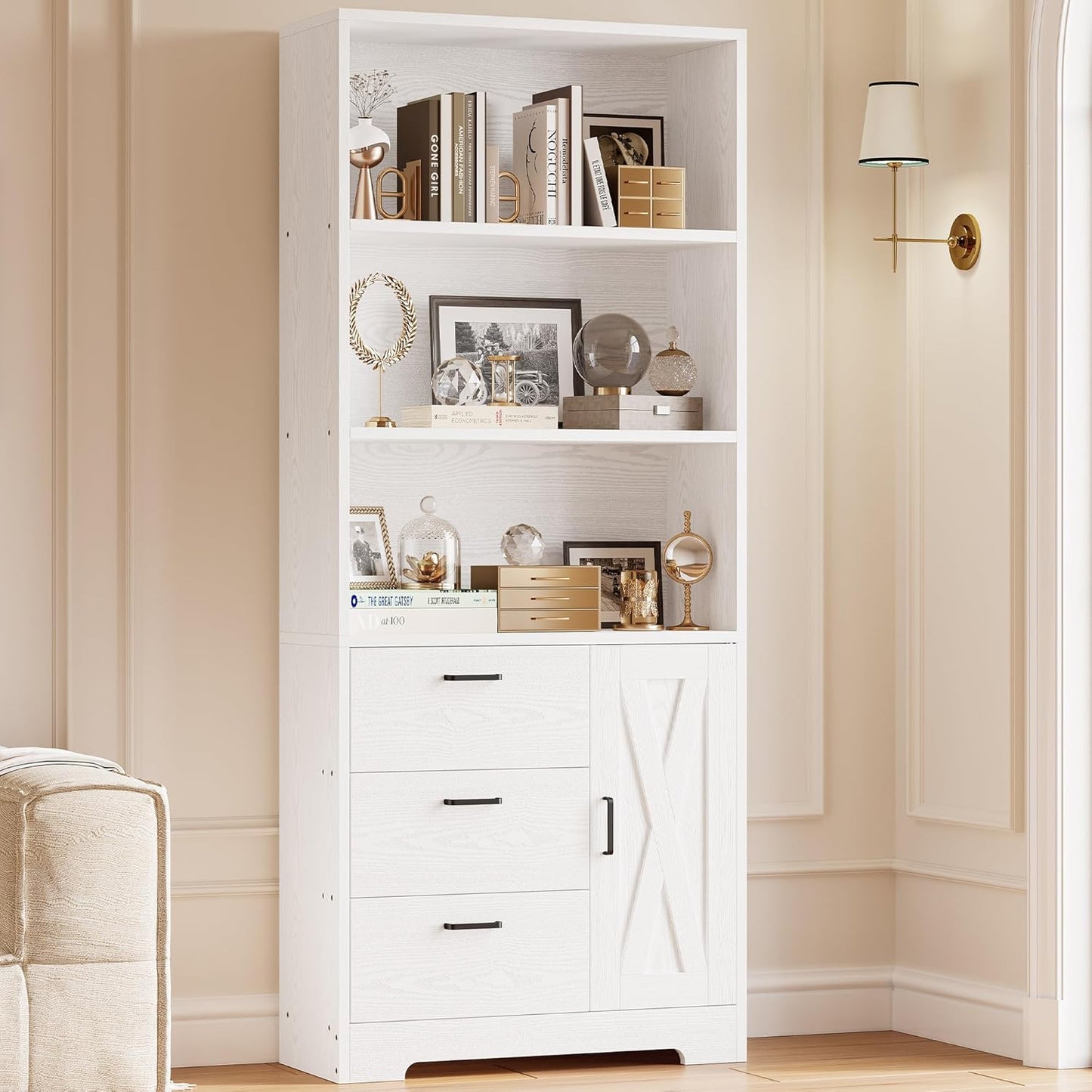 IRONCK Bookshelf with Door and 3 Drawers, 71in Tall Bookcase Shelf with 3-Tier Shelves, for Bedroom Living Room Entrance Hallway Home Office