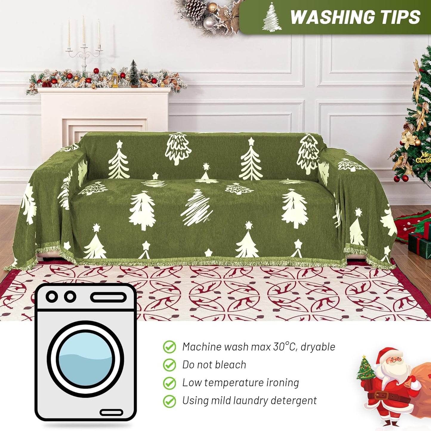 MYSKY HOME 71"X118" Loveseat Christmas Couch Cover, Sectional Sofa Covers Sofa Slipcover for 2 Cushion Couch, L Shape Couch Covers for Dogs, Kids, Washable Sofa Blanket, Furniture Protector, Green
