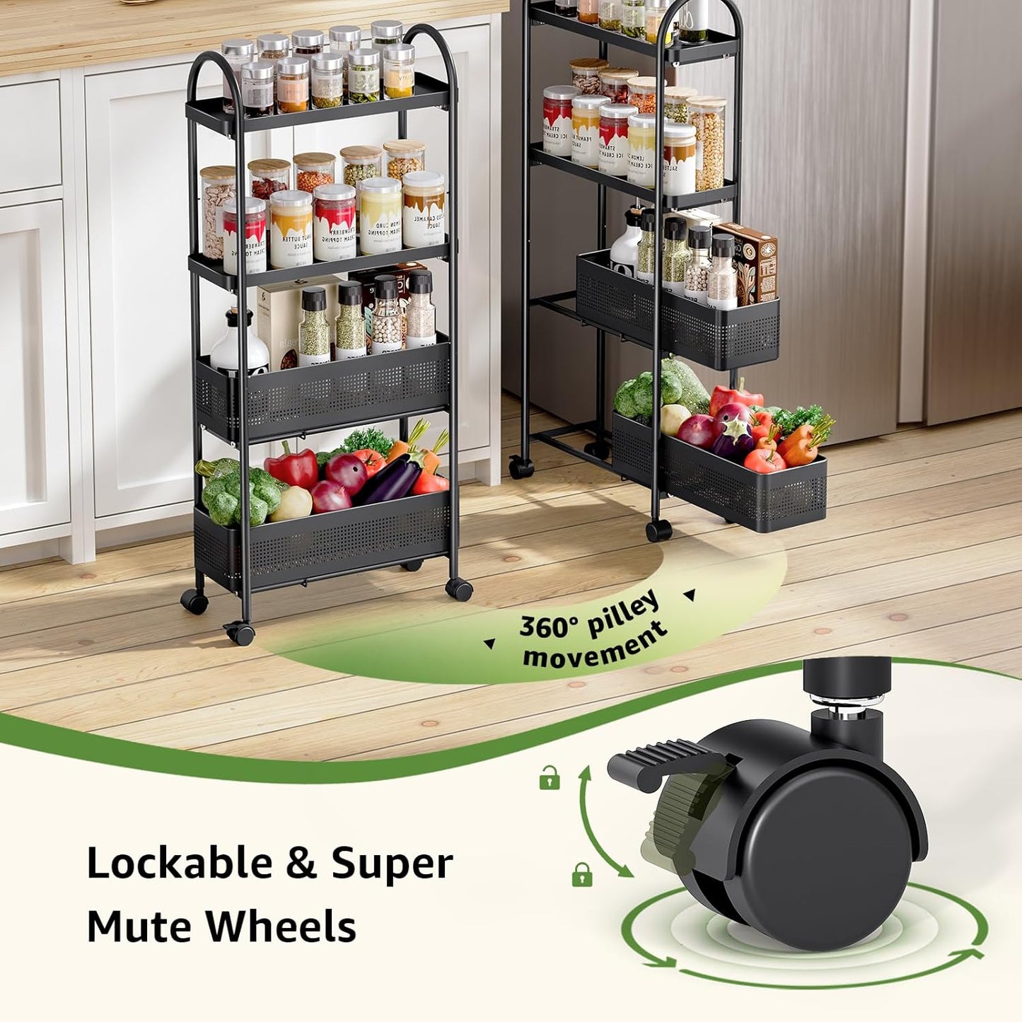 KINGRACK 4-Tier Slim Storage Cart with Pull Out Basket, Rolling Bathroom Organizer Utility, Metal Shelving Unit Slide Out, Lockable Wheels, Easy Assembly for Narrow Place, Kitchen, Laundry Room, Black