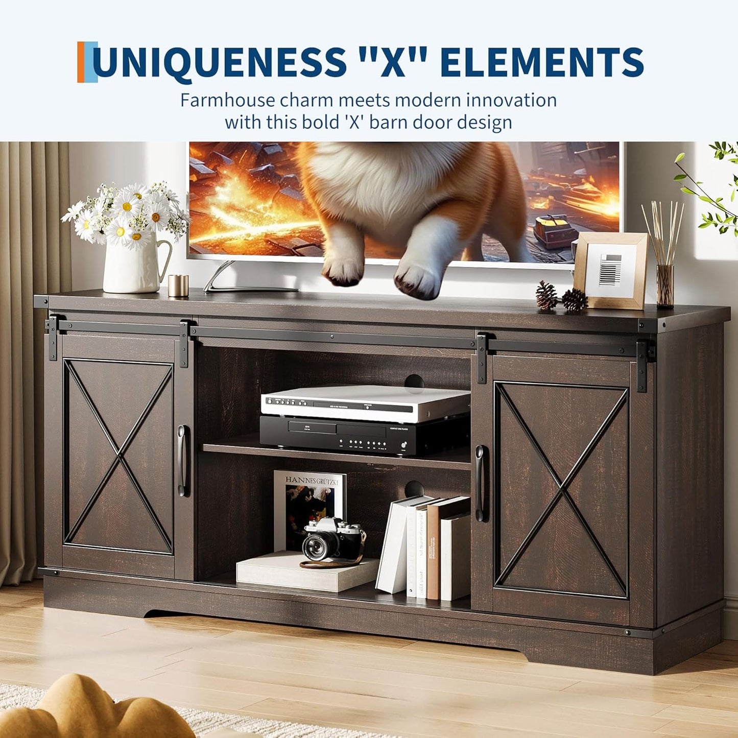 GarveeHome Farmhouse TV Stand for TV up to 65 Inches and Entertainment Center with Sliding Barn Doors and Adjustable Shelf, Tv Media Console Table with Storage Cabinet for Living Room, Bedroom, Brown