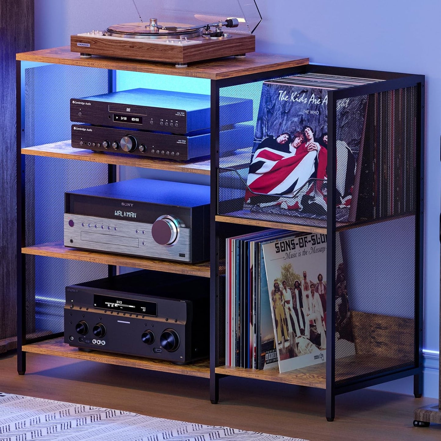 Large Record Player Stand Table with vinyl record holder, AV Media Stand With Charging Station & USB Ports, Stereo Cabinet Stand with Led Strip Light, Sturdy, Adjustable Feet, Rustic, Large Capacity