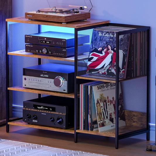 Large Record Player Stand Table with vinyl record holder, AV Media Stand With Charging Station & USB Ports, Stereo Cabinet Stand with Led Strip Light, Sturdy, Adjustable Feet, Rustic, Large Capacity