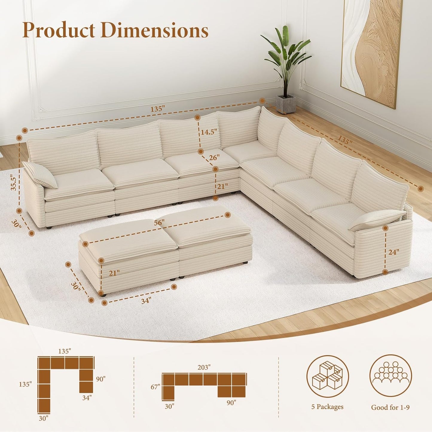 Vesgantti Large Modular Sectional Sofa, Big Comfy Cloud Couch with Ottoman Deep Seat Corduroy Cloud Sofa, 9 Seater Large Sectional Couches for Living Room, Bedroom and Apartment, Beige
