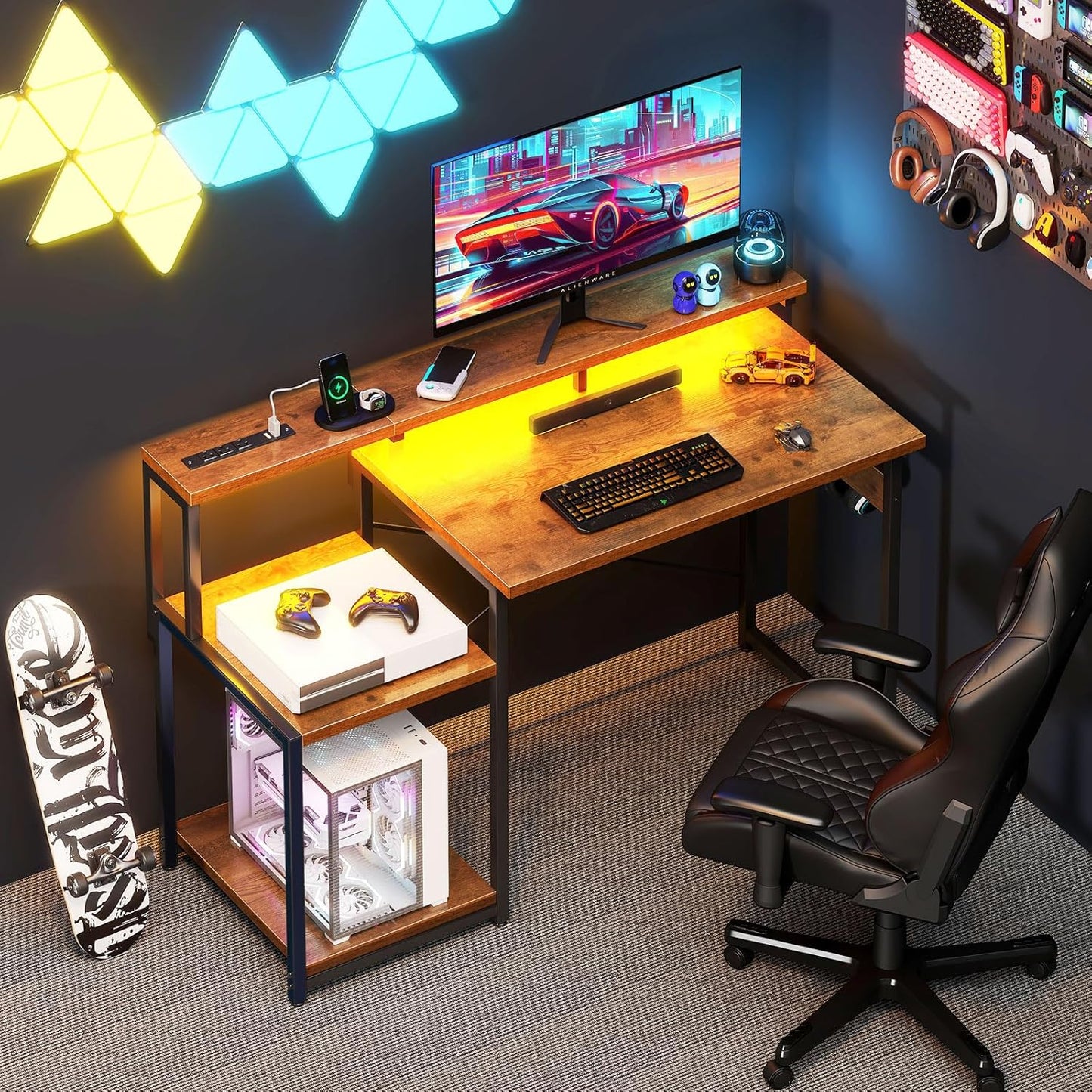 AODK Computer Desk, 48 Inch Gaming Desk with Led Lights & Power Outlet, Office Desk with Storage Shelves, Reversible Desk with Monitor Shelf & Headphone Hook, Rustic Brown