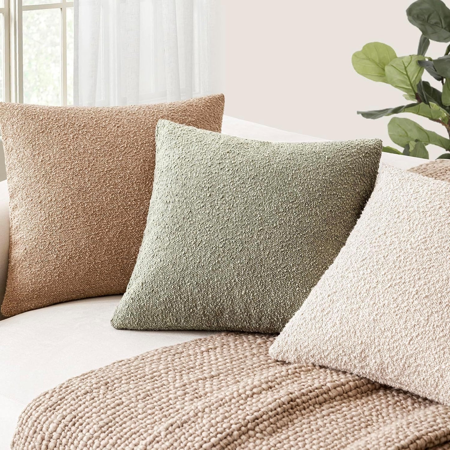 Foindtower Pack of 2, Decorative Textured Boucle Throw Pillow Covers Accent Solid Pillow Cases Cozy Soft Couch Cushion Case for Chair Sofa Bedroom Living Room Home Decor 22x22 Inch Dirty Sage Green