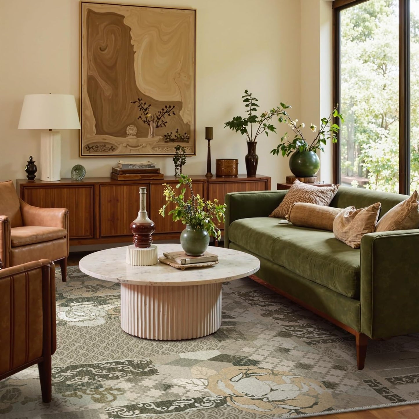 GENIMO 5X7 Floral Area Rugs for Living Room, Machine Washable Non Slip Vintage Patchwork Washable Rug, Ultra-Thin Low Pile Chenille Rugs for Bedroom, Dining Room, Taupe Gray