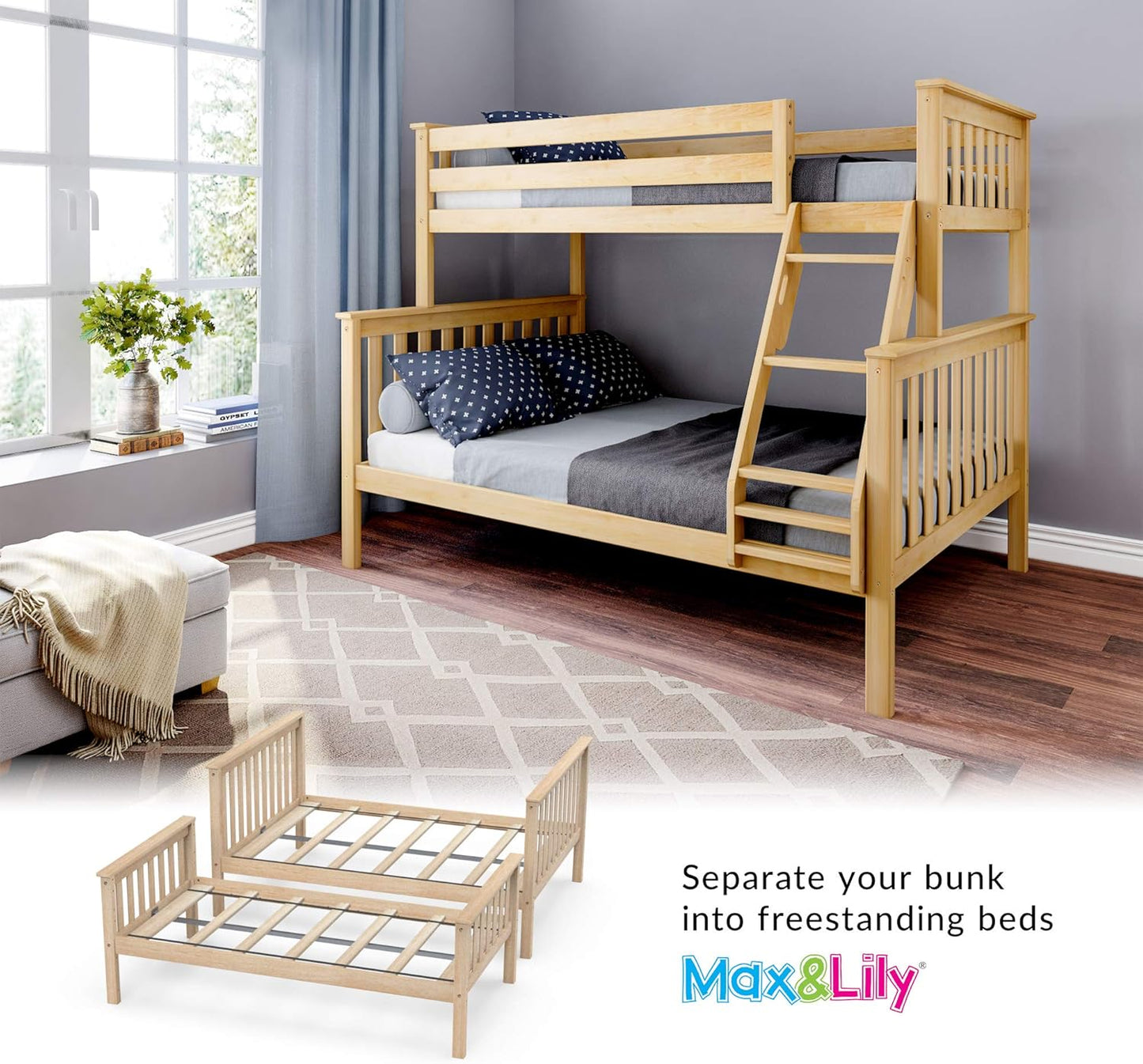 Max & Lily Bunk Bed Twin Over Full Size with Ladder, Solid Wood Platform Bed Frame with Ladder for Kids, 14" Safety Guardrails, Easy Assembly, No Box Spring Needed, Natural