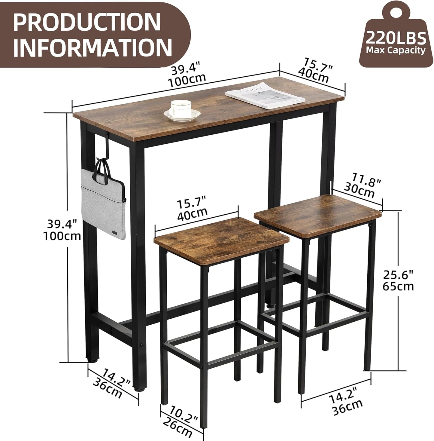 Finnhomy Bar Table Set, 39.3" Pub Table High Top Table, Rectangular Bar Height Table, Bar Table with Stools, Kitchen Table Set for 2, Industrial Breakfast for Kitchen, Living Room, Rustic Brown