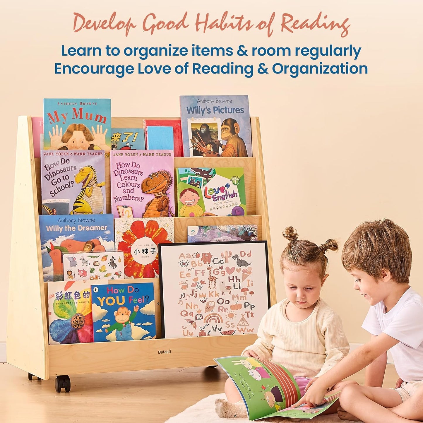 Kids Bookshelf for Toddlers and Babies, Double-Sided Wooden Montessori Bookshelf for Kids Room, Baby Book Shelf with Storage for Nursery, Classroom, Playroom