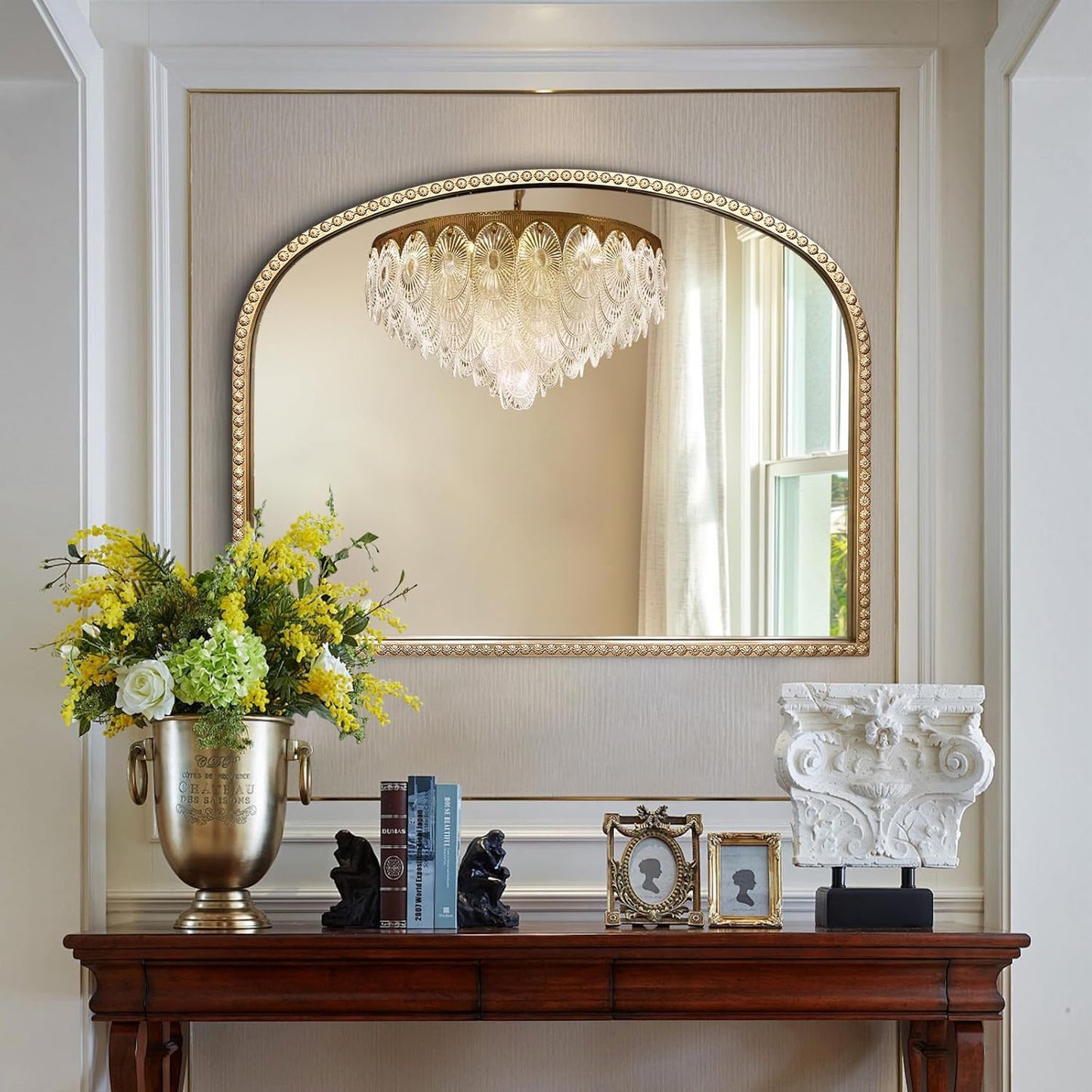 Gold Arch Mirror, 36"x28" Metal Beaded Frame Mirror, Ornate Decorative Accent Mirrors, Vintage Arched Mirrors for Vanity Bathroom Bedroom Entryway Living Room Fireplace