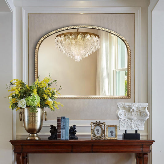 Gold Arch Mirror, 36"x28" Metal Beaded Frame Mirror, Ornate Decorative Accent Mirrors, Vintage Arched Mirrors for Vanity Bathroom Bedroom Entryway Living Room Fireplace