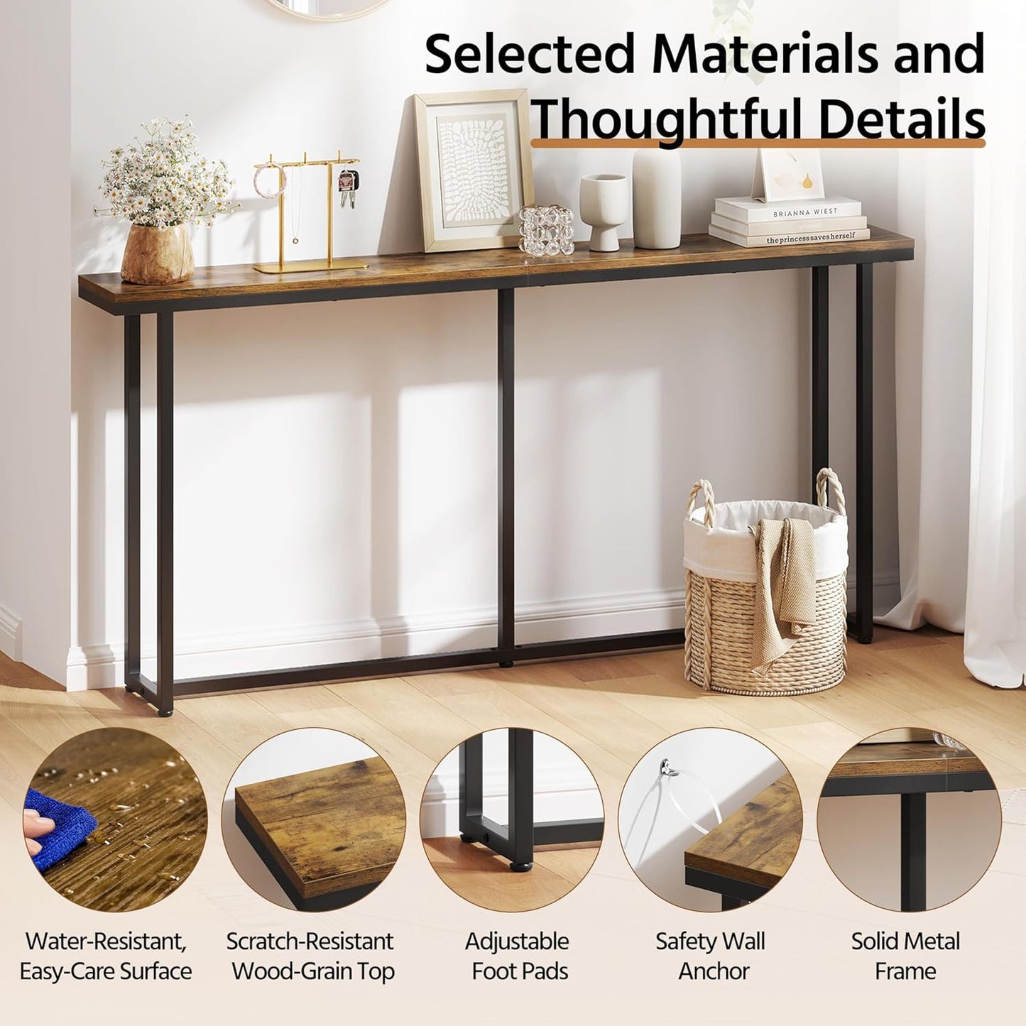 Yaheetech Narrow Console Table with Sturdy Metal Frame, 63 Inch Extra Long Entryway Sofa Table for Behind Couch, Hallway, Living Room, Rustic Brown