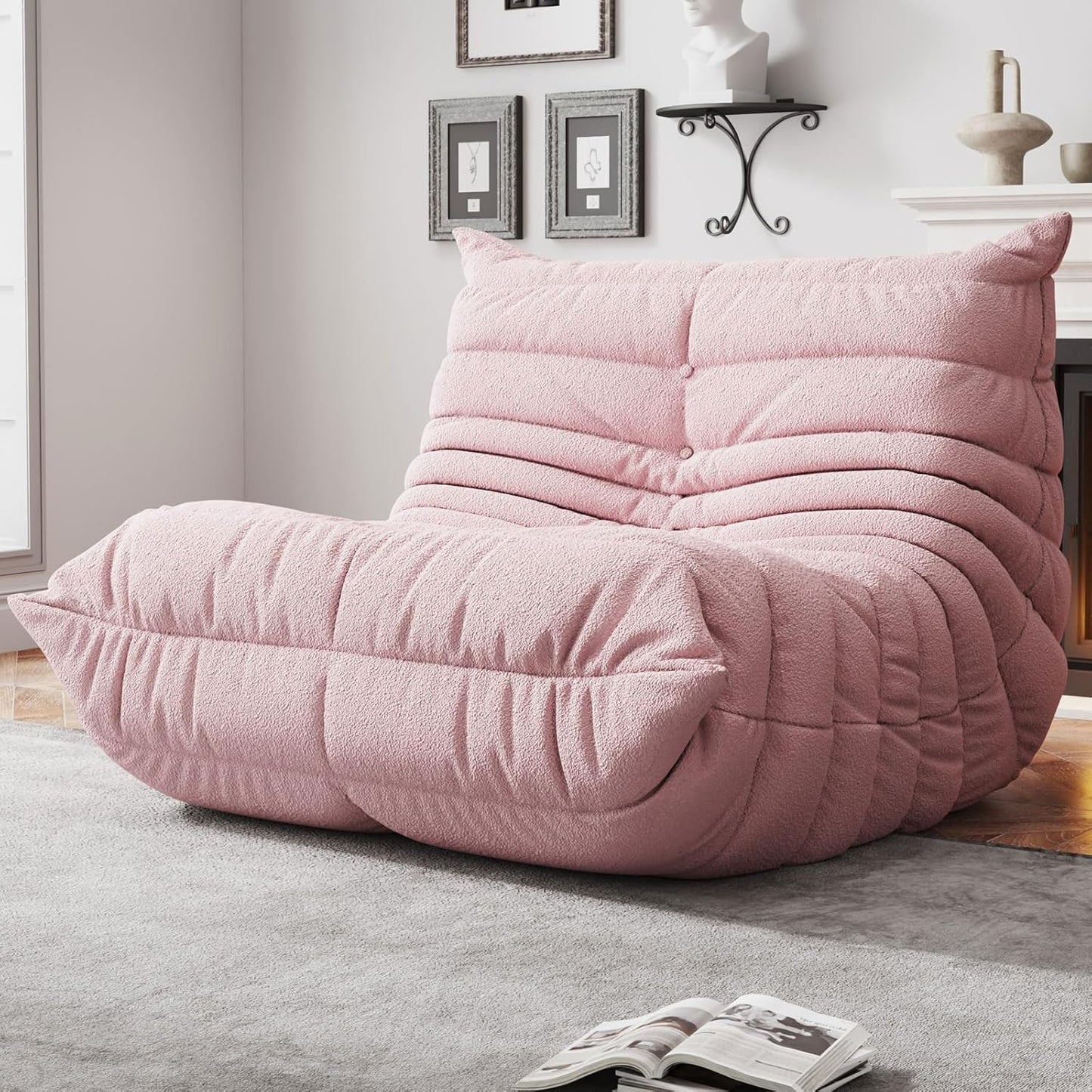 Bean Bag Chairs for Adults, BeanBag Reading Chair Memory Foam Couch, Floor Chair Soft Teddy Material, Comfy Reading Nook Chairs for Bedroom Living Room Office (Pink)