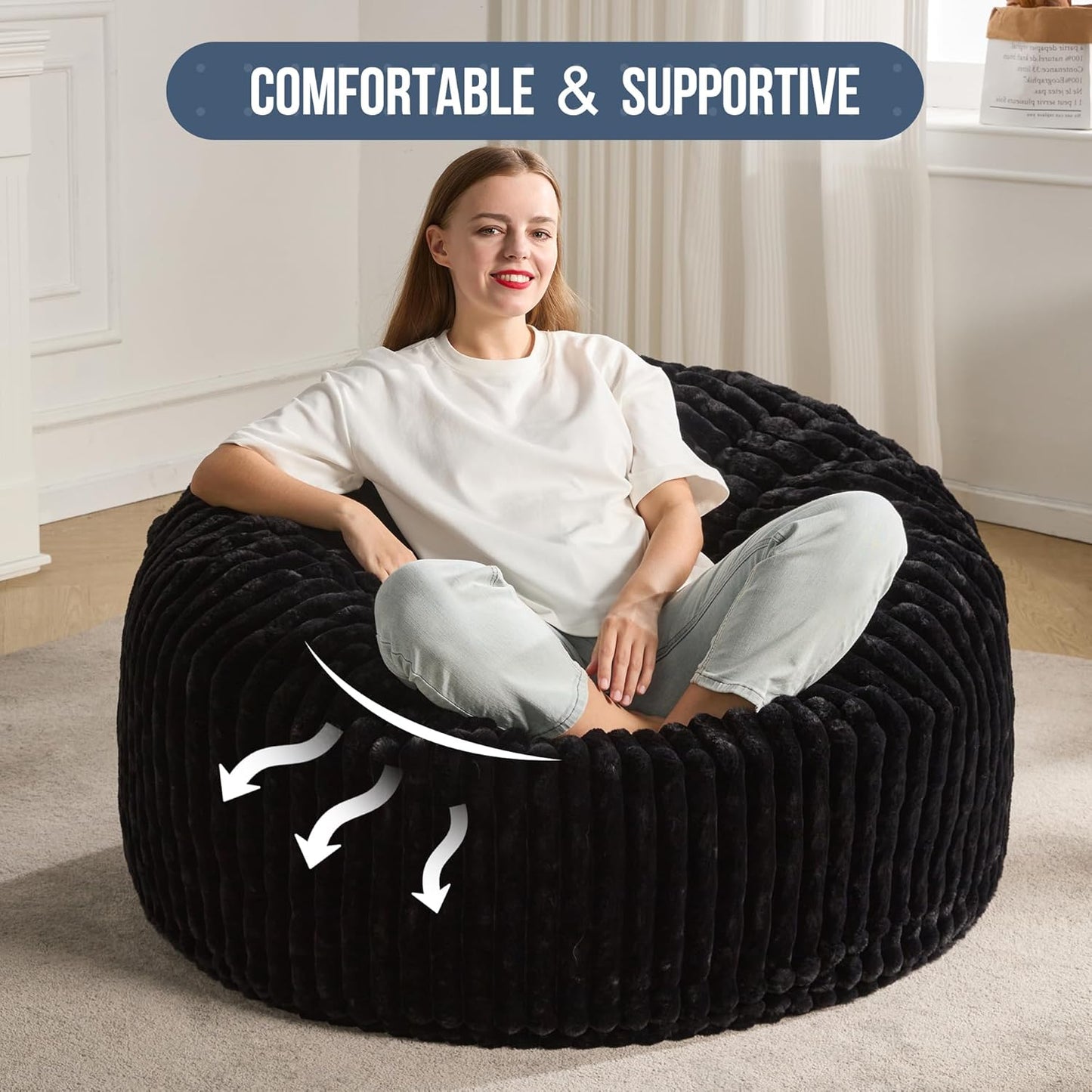Hobestluk 4ft Bean Bag Chairs for Adults Large Beanbag Chair with Dutch Corded Plush Cover Big Bean Bag Chair for Living Room Bedroom Dorm Office - Black (44" x 44" x 24")