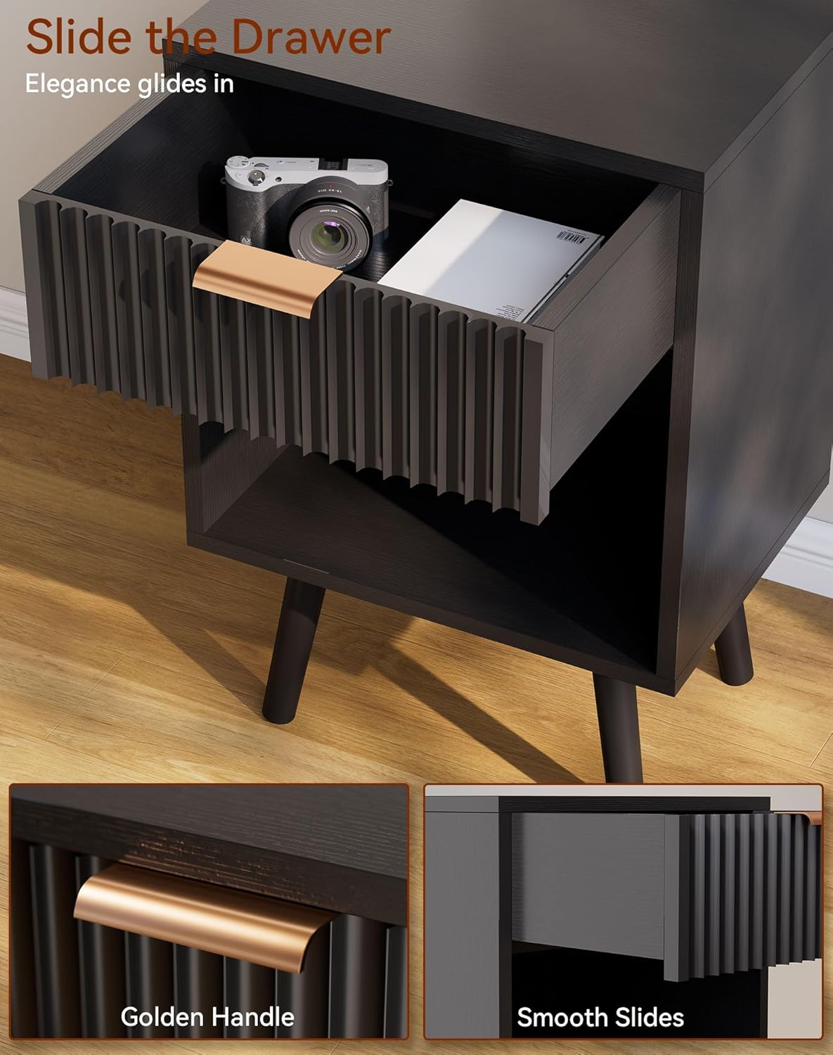 YMYNY Mid Century Modern Nightstand, Side Table, Fluted Night Stand with Drawer, Open Shelf Unit, Golden Handle, Solid Wood Legs, Bedside Table, for Bedroom, Black UHST013B