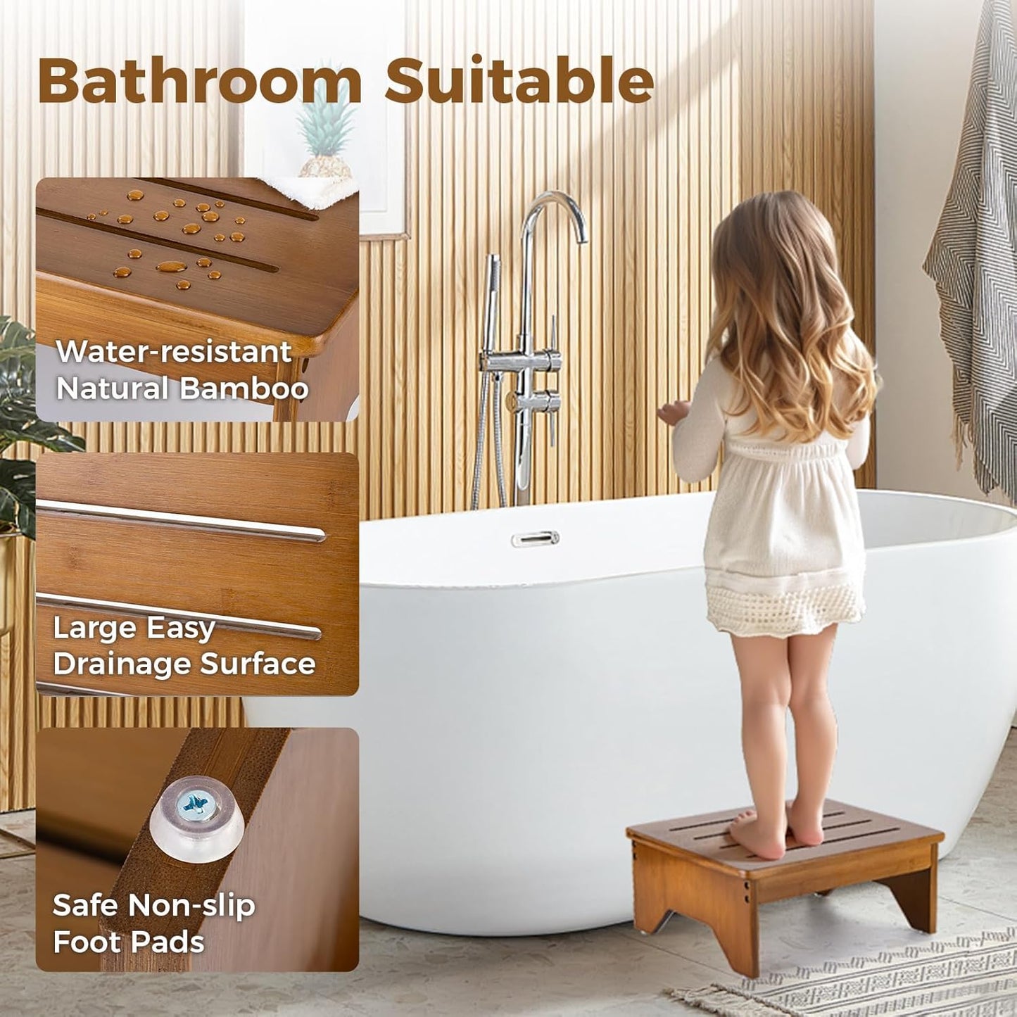 StrongTek Bamboo Bed Step Stool for Adults & Kids – Wide 16" Platform, 300 lbs Capacity, Non-Slip Drainage Surface, 6.5" Height Safe Bedside Stool, Bathroom Shower Step & Office Foot Rest (Walnut)