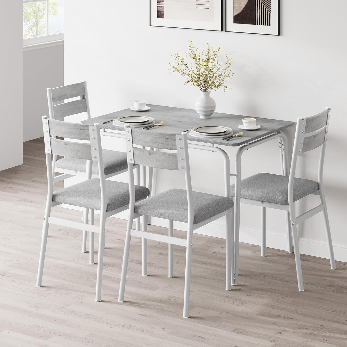 Dining Table for 4, Small Table and Chairs Set of 4, Square Dinette Set for 4, 5 Piece Kitchen & Dining Room Sets for Small Space (White, Table with 4 Upholstered Chairs)