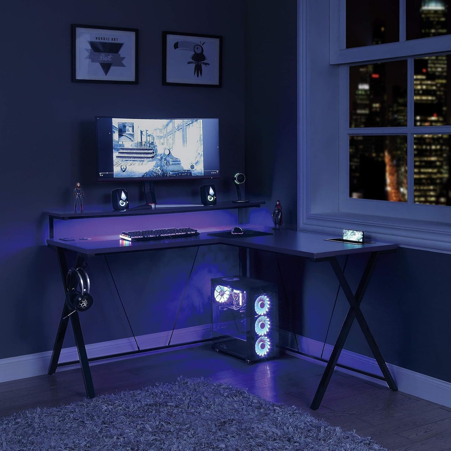 OSP Home Furnishings Checkpoint Battlestation L Shaped Gaming Desk with RGB LED Lights, Black