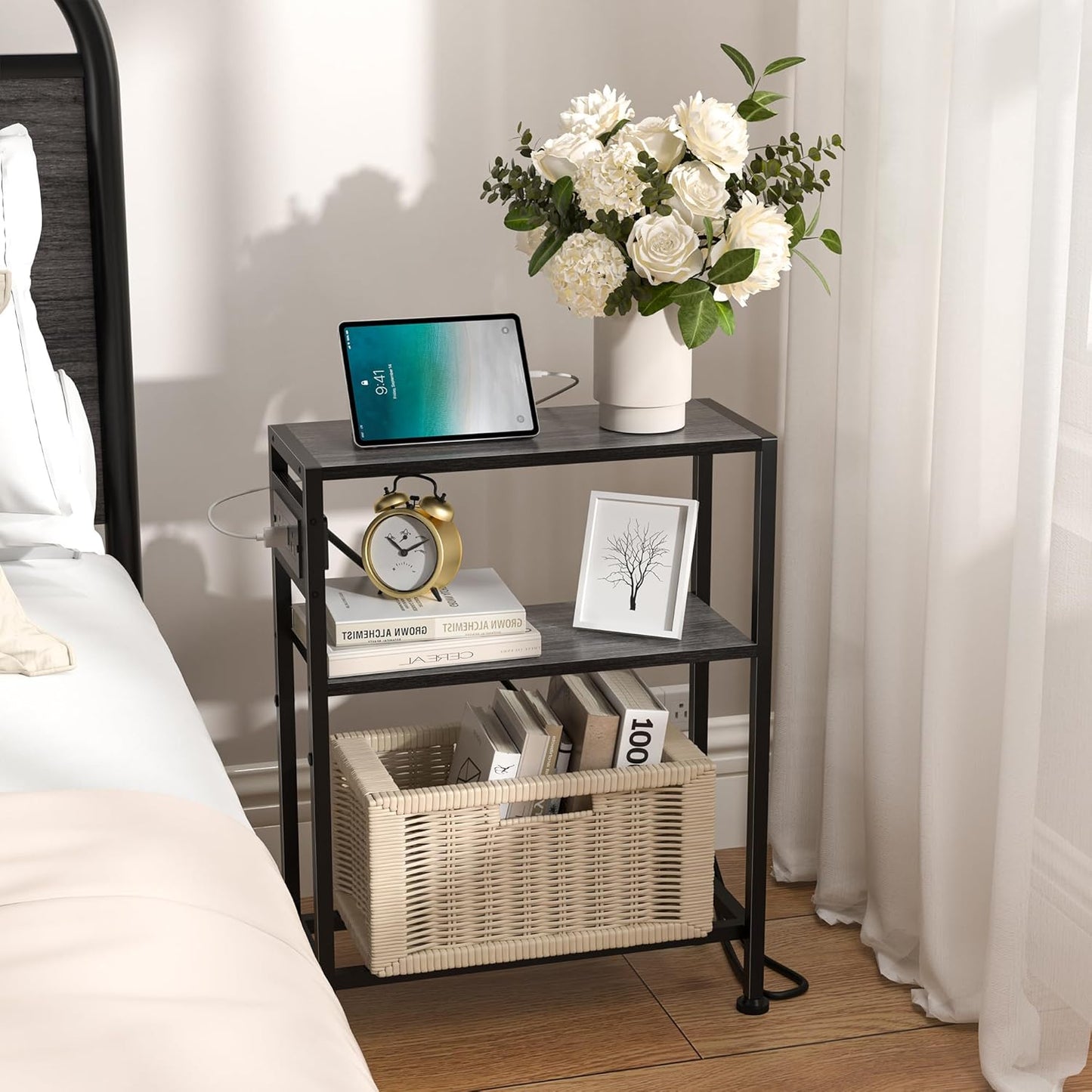 Small Narrow Side Table with Charging Station, Skinny End Table for Small Spaces, Slim Nightstand with Outlets, Sofa Bedside Table in Living Room, Bedroom, Study, Kitchen and Balcony(Grey)