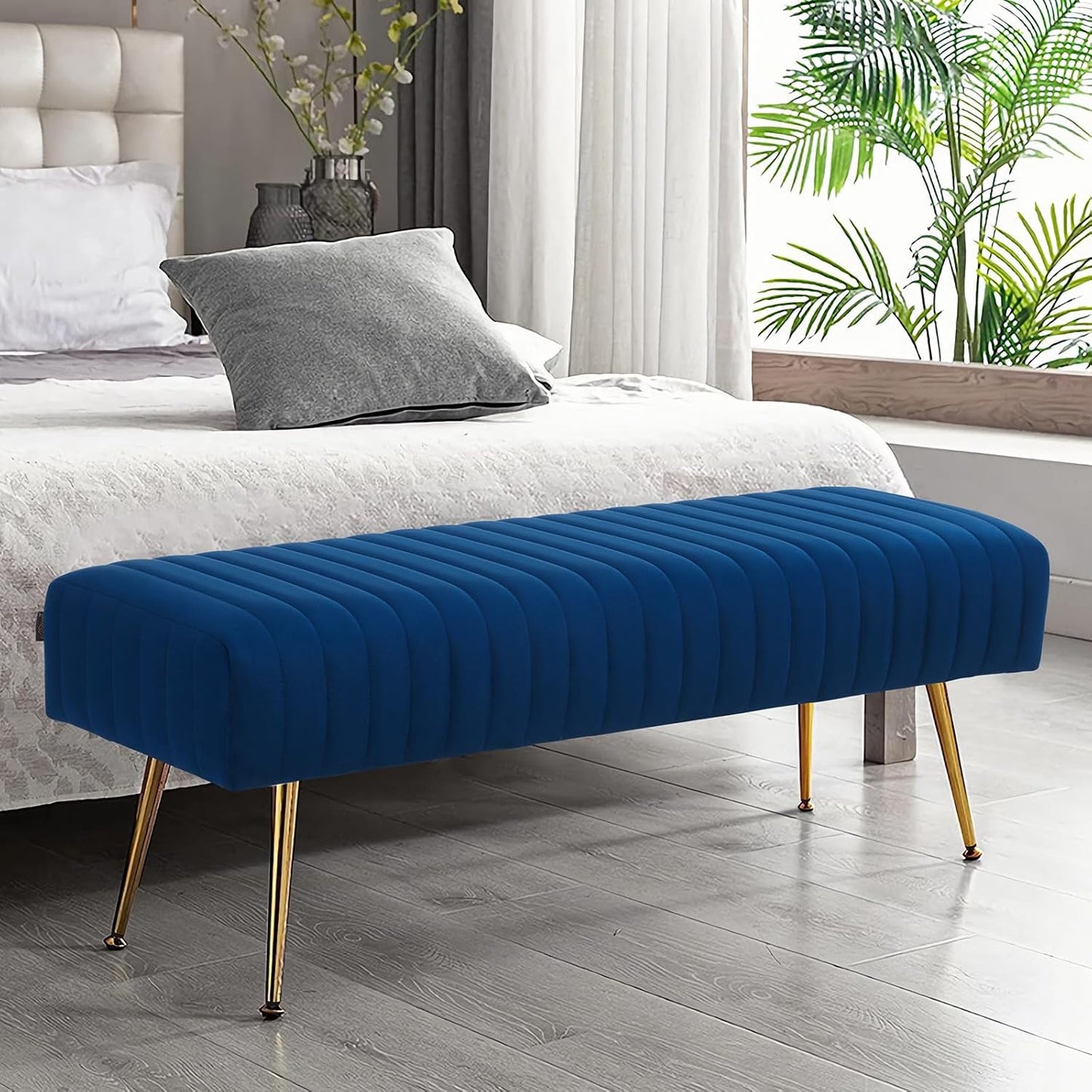 Furniliving Bedroom Bench Velvet Ottoman Bench with Skin-Friendly Velvet, 44.8’’ Upholstered End of Bed Bench, Soft Indoor Benches with Golden Finished Tapered Legs for Living Room, Entryway, Blue