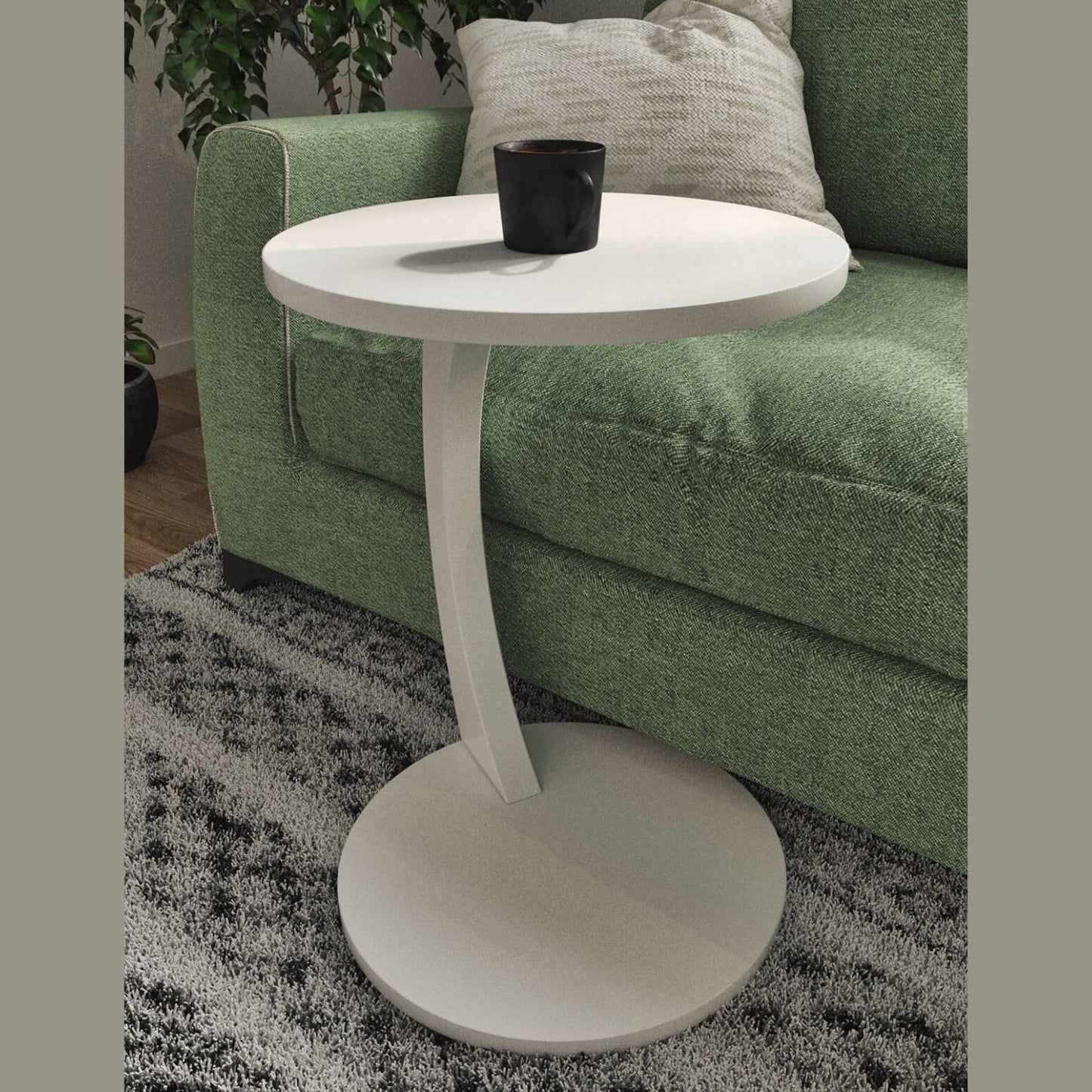 C Shaped End Table for Couch Small Places, Space Saver Round Side Table for Sofa and Bedside with Wheel, Coffee and Eating Snack Time Tray for Living Room, Office (White)