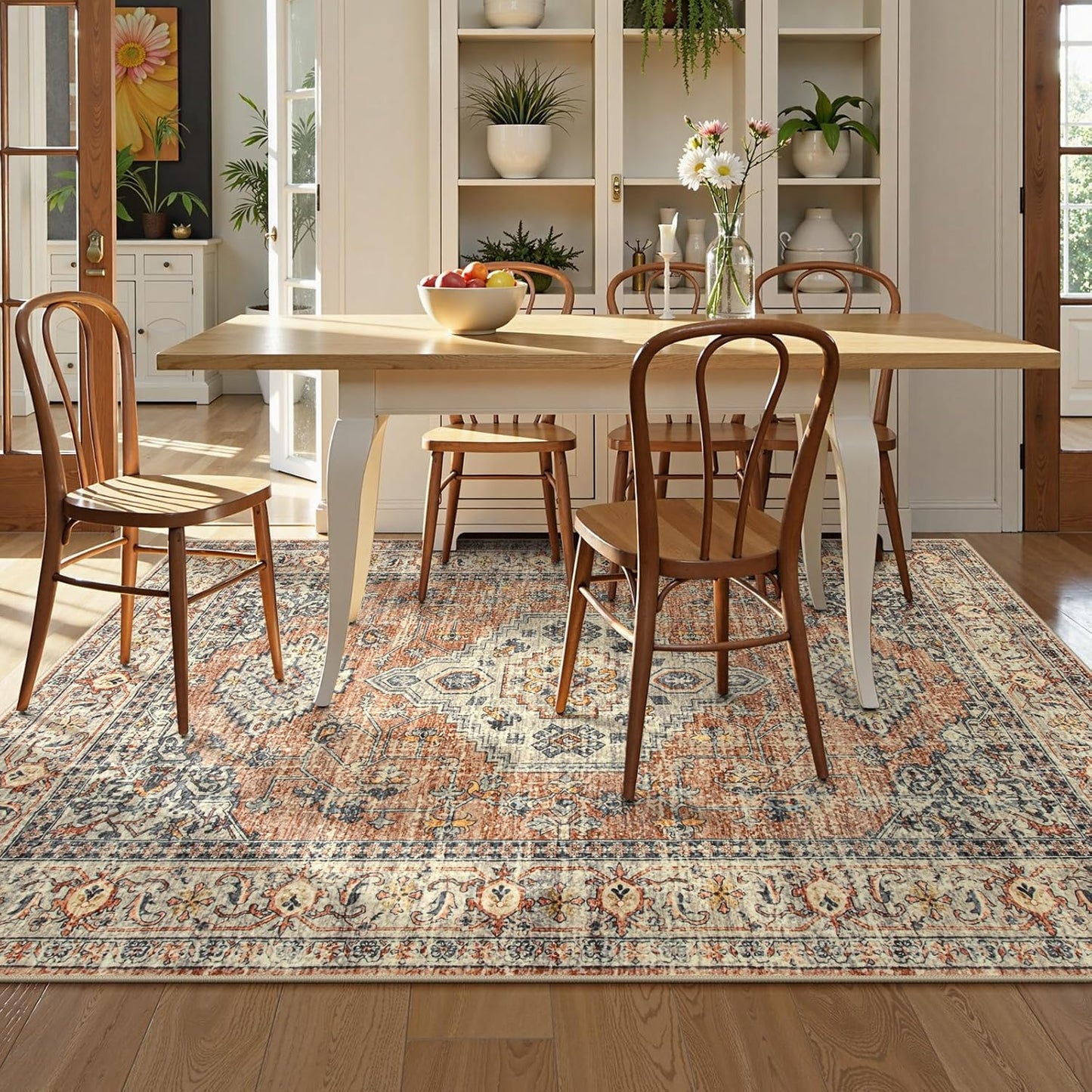 Lahome Oriental Washable Rugs 5x7, Soft 5x7 Rug for Bedroom Living Room, Ultra-Thin Non Slip Stain Resistant Vintage Throw Carpet for ‎Dining Room Office, Peach/Orange