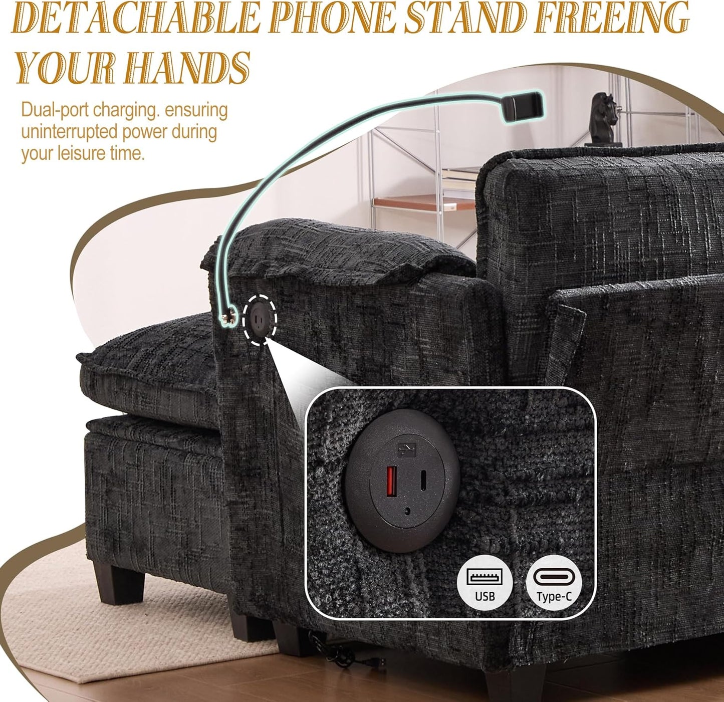 Ball & Cast Modular Sectional Sofa,Comfy Cloud Couch with Movable Storage Ottoman,L Shaped Sectional Sofa W/USB Charging Port,Phone Holder and Side Pocket,Chenille Fabric,for Living Room,Black,109"