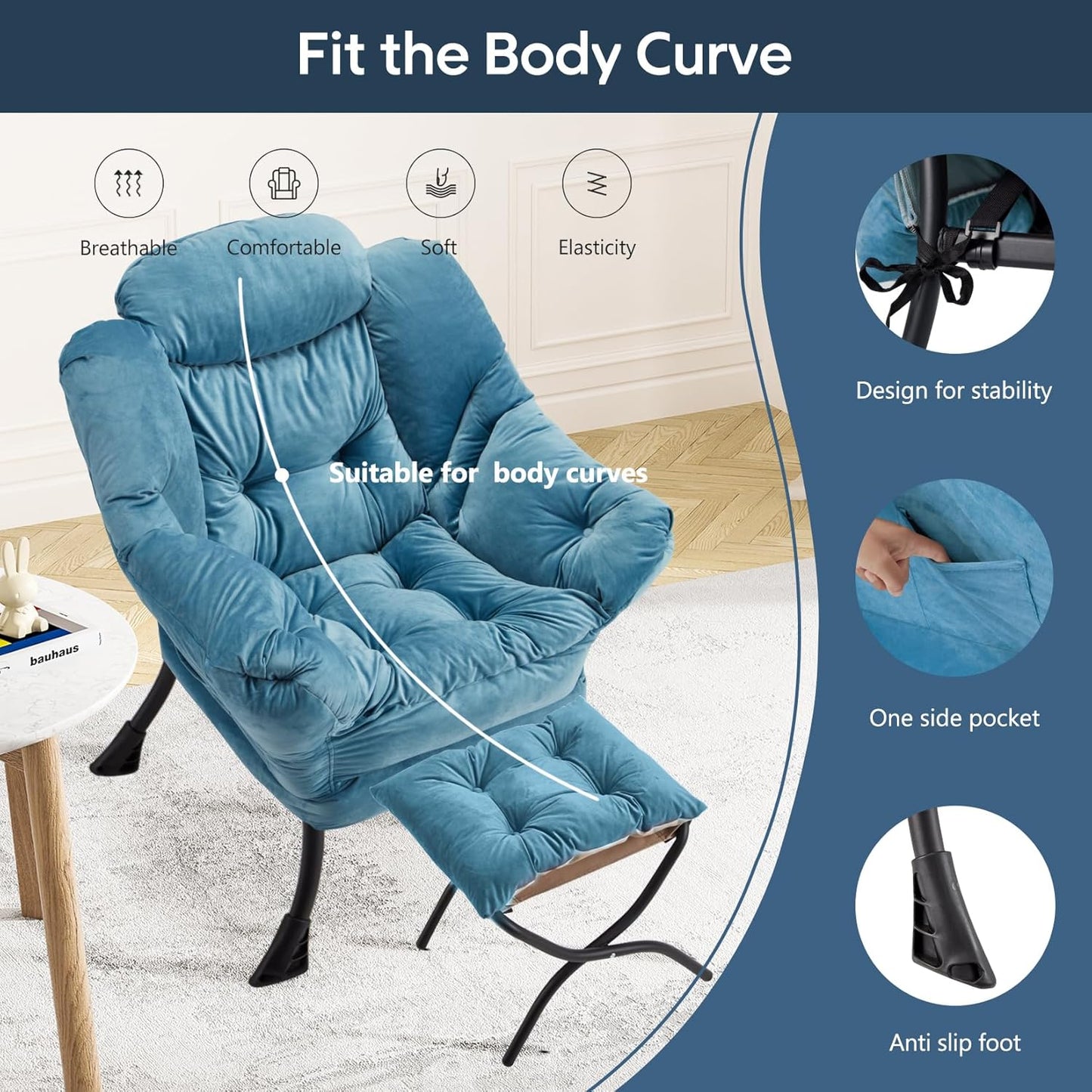 Lazy Chair with Folding Ottoman Modern Large Accent Chair,Contemporary Lounge Leisure Sofa Chair with Armrests Upholstered Sofa Armchair Reading for Bedroom,Dorm & Office(Blue-f)