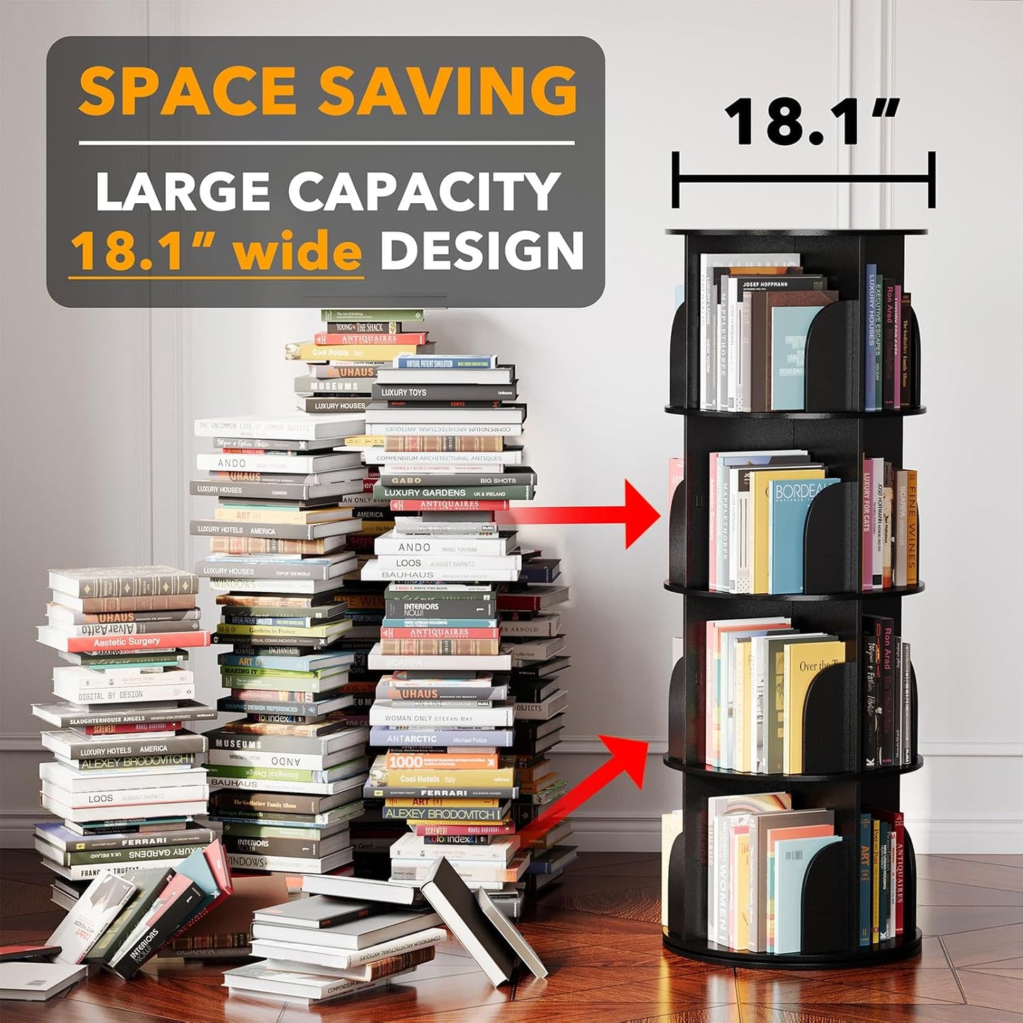 SpaceAid 4 Tier Rotating Bookshelf Tower, Spinning Bookcase Lazy Susan, Revolving 360 Book Shelf Storage Round Carousel, Vertical Rotate Turning Spiral Corner Organizer, Black