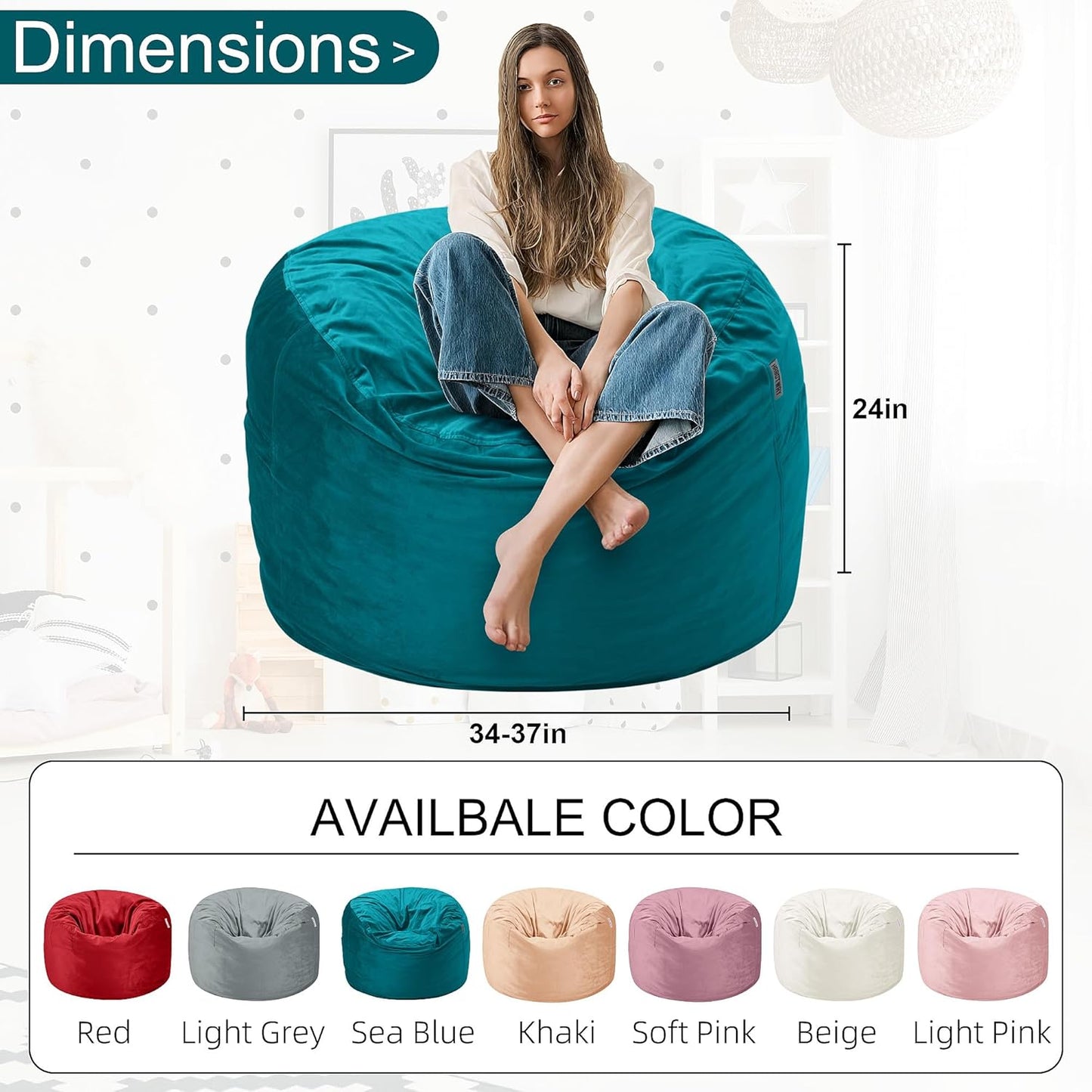 HABUTWAY Bean Bag Chair 3Ft Luxurious Velvet Ultra Soft Fur with High Rebound Memory Foam Bean Bag Chairs for Adults Plush Lazy Sofa with Fluffy Sponge 3' (Sea Blue)