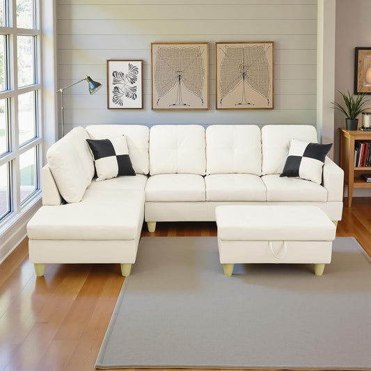 L Shaped Couch Faux Leather Sectional Couch Upholstered 3 Pieces Sofas for Living Room with Chaise, Storage Ottoman for Office and Small Apartment, White